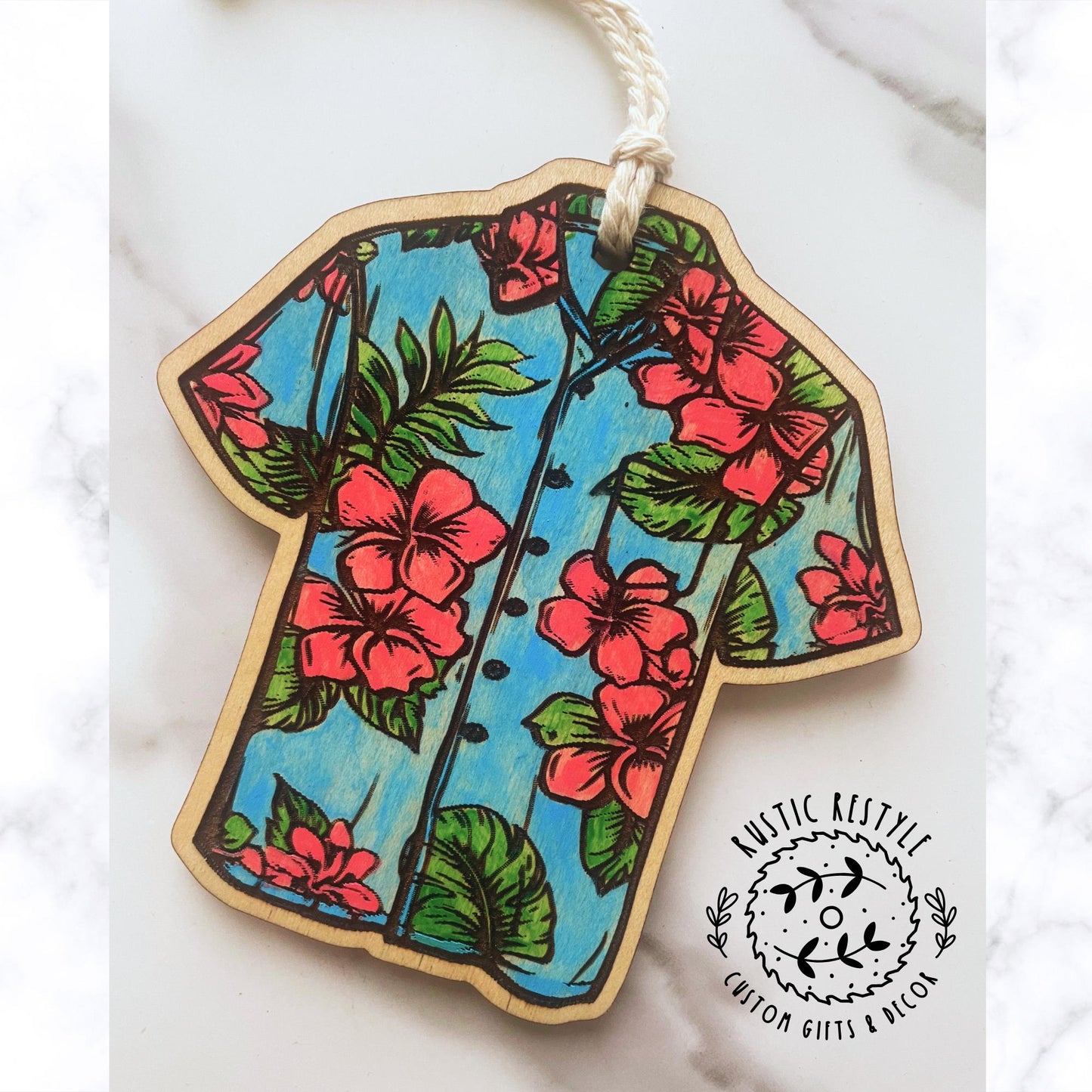 Hawaiian shirt Ornament, Personalized wood handpainted shirt ornament memorial