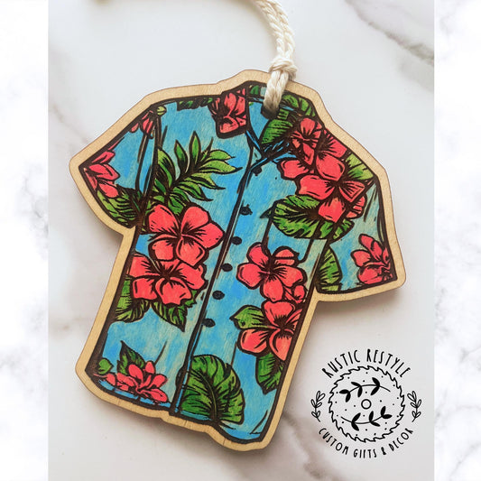 Hawaiian shirt Ornament, Personalized wood handpainted shirt ornament memorial