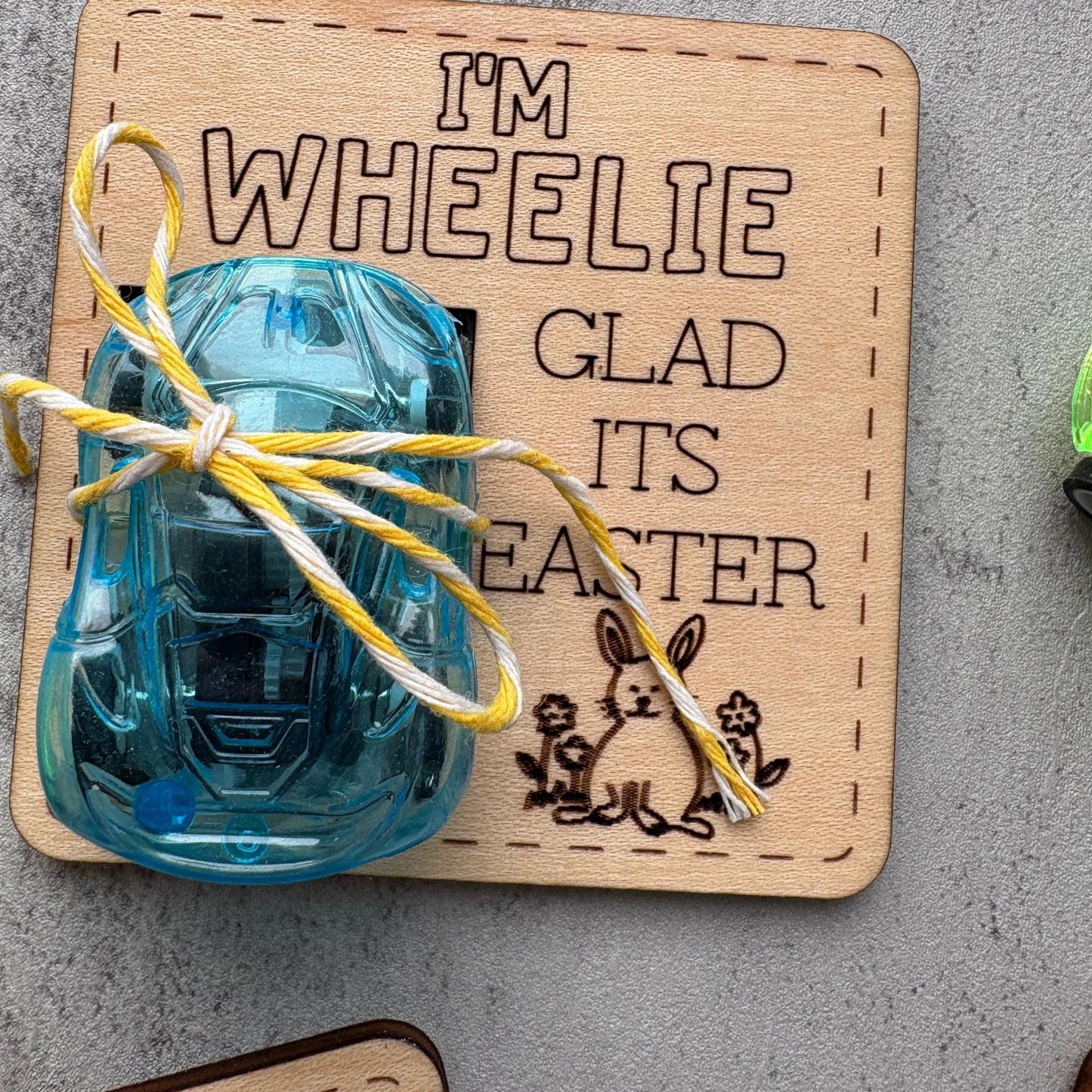 kids pull-back wheelie car Easter basket stuffer, wooden Easter gift