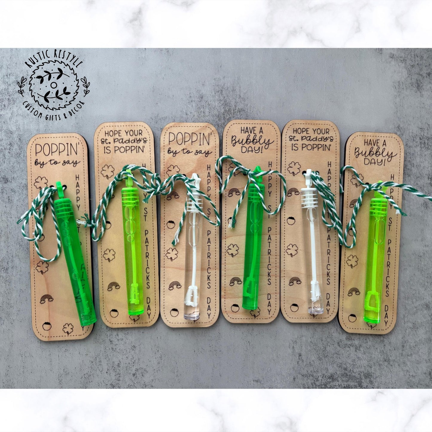 Classroom bubbles St Patrick's Day favors, Personalized wooden party favor gifts