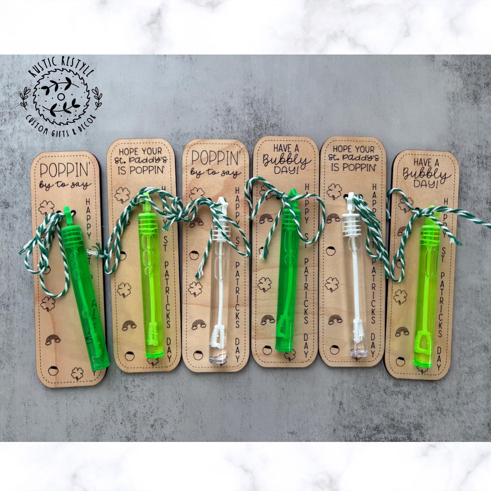 Classroom bubbles St Patrick's Day favors, Personalized wooden party favor gifts