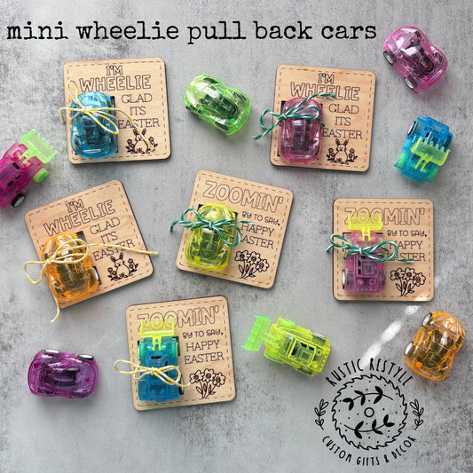 kids pull-back wheelie car Easter basket stuffer, wooden Easter gift