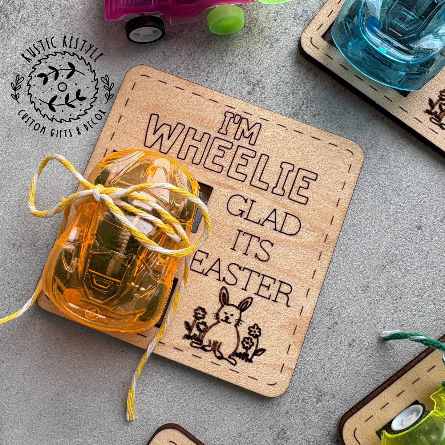 kids pull-back wheelie car Easter basket stuffer, wooden Easter gift