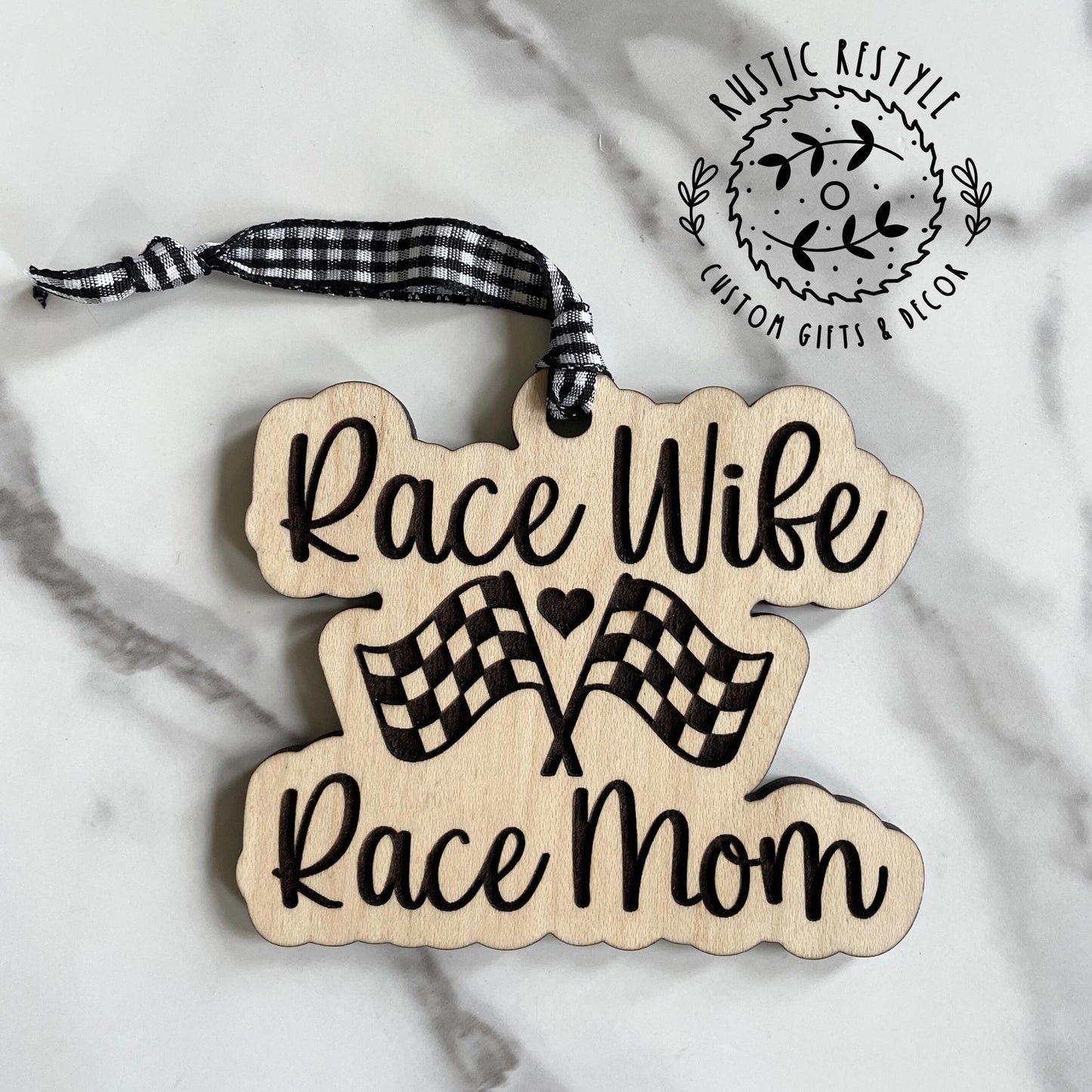 Race mom ornament, Race wife, checkered flags
