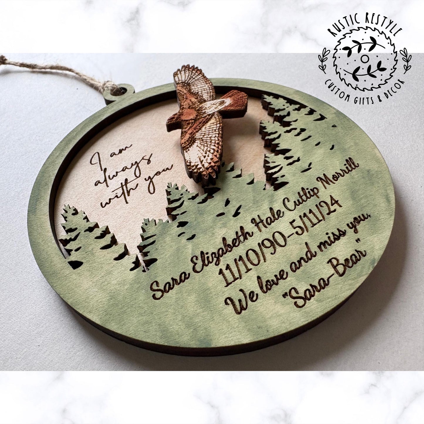 Memorial Hawk Remembrance ornament, 4inch hawk remeberance hanger can be personalized with engraved names