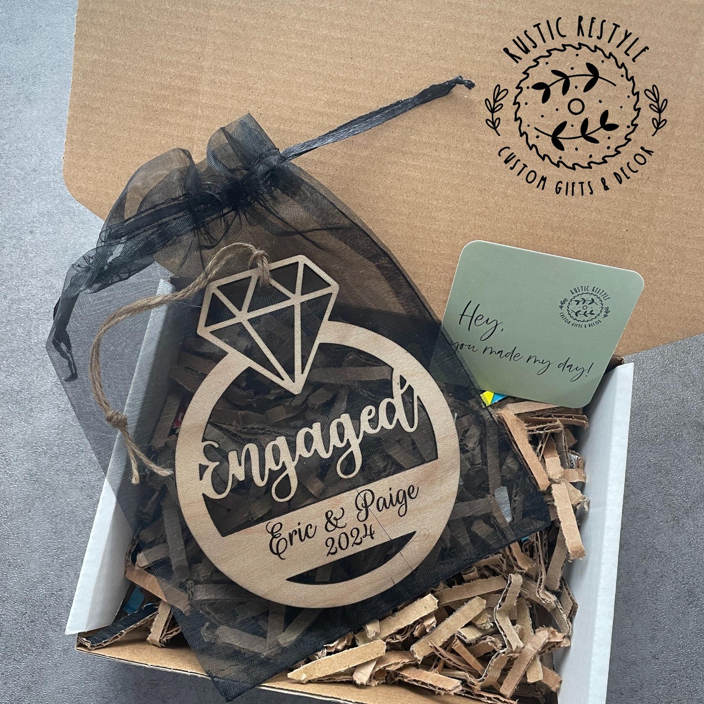 Engagement ring ornament, Personalized wood Christmas ornament gift