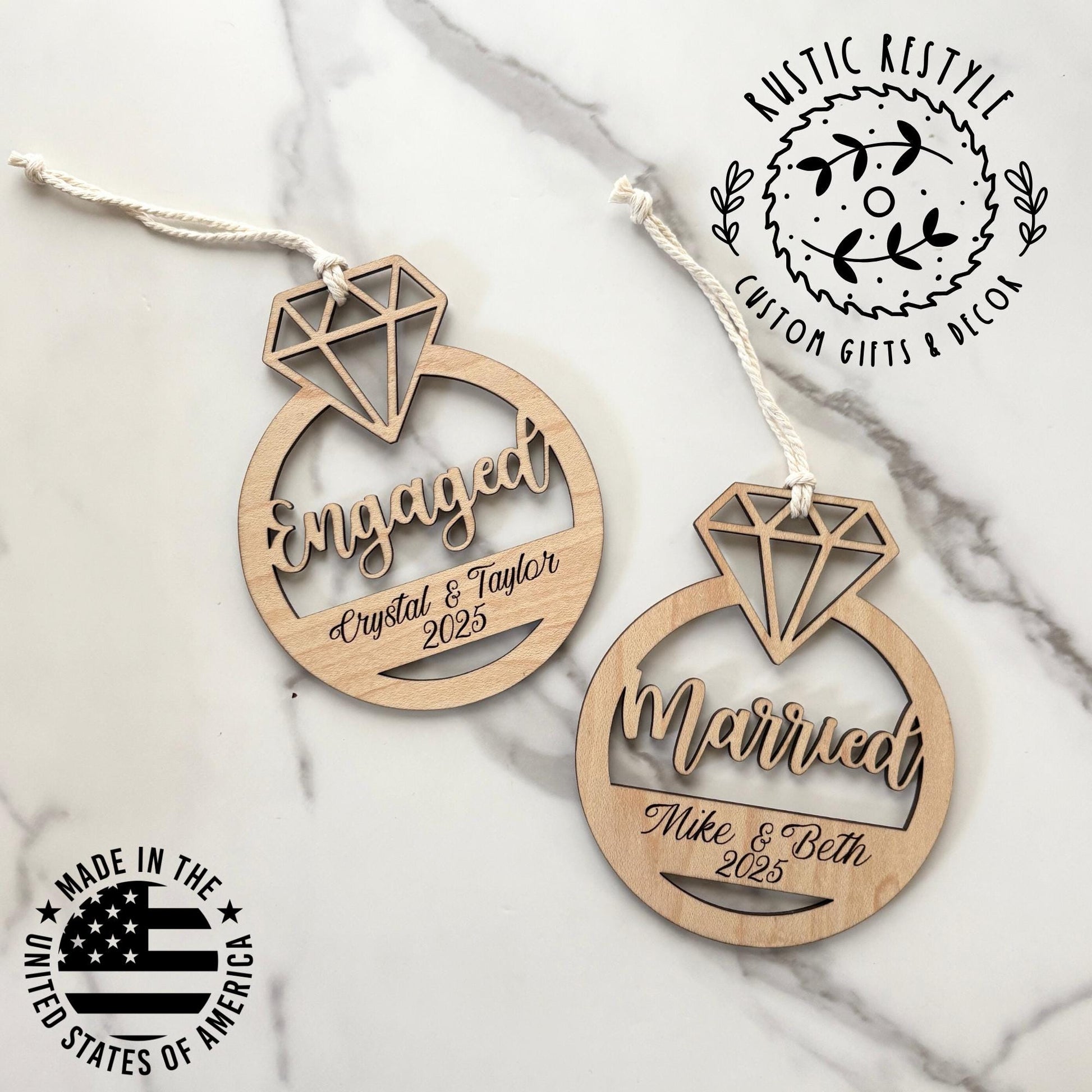 Engagement ring ornament, Personalized wood Christmas ornament gift