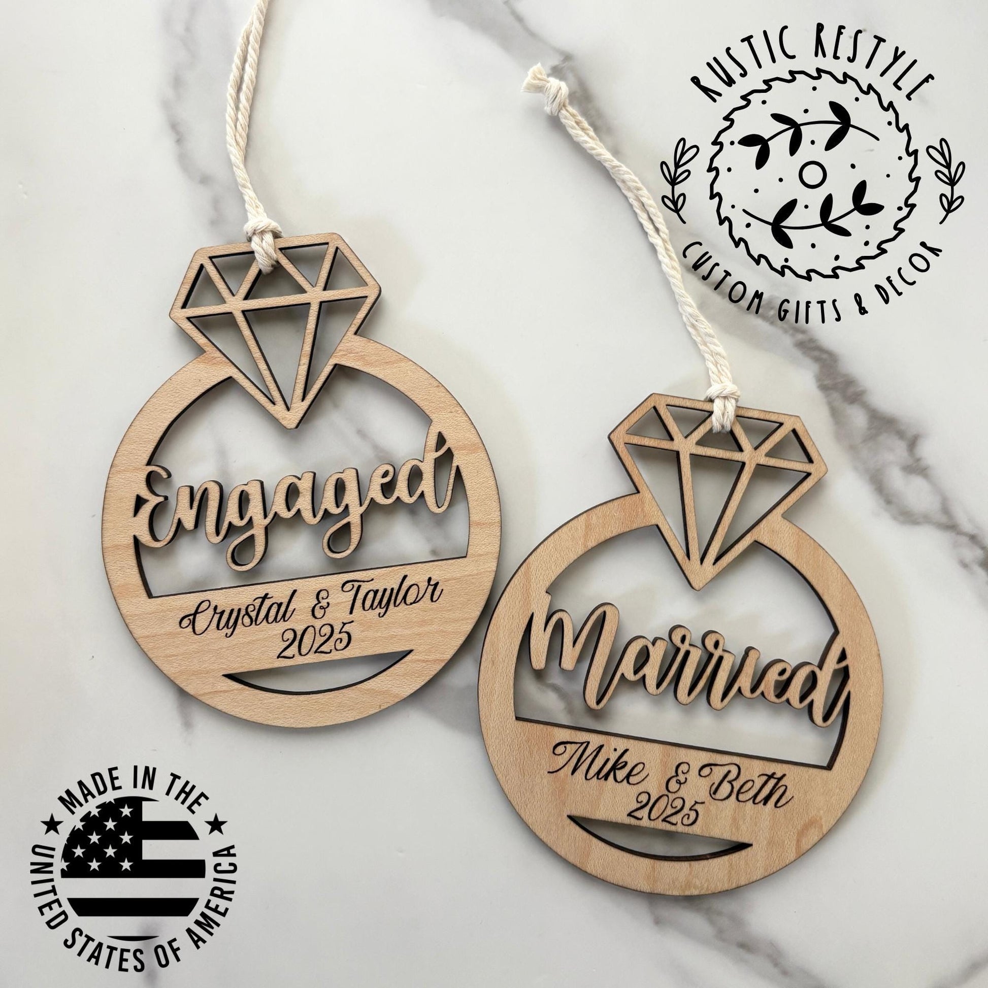 Engagement ring ornament, Personalized wood Christmas ornament gift