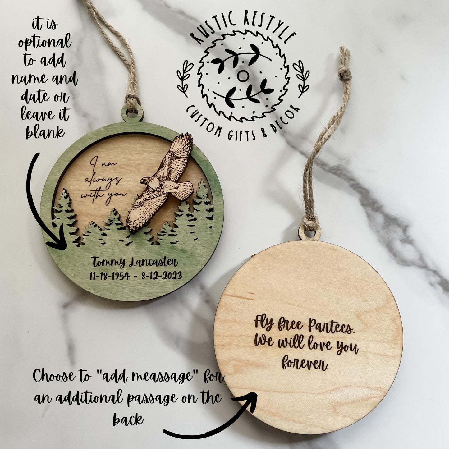 Memorial Hawk Remembrance ornament, 4inch hawk remeberance hanger can be personalized with engraved names