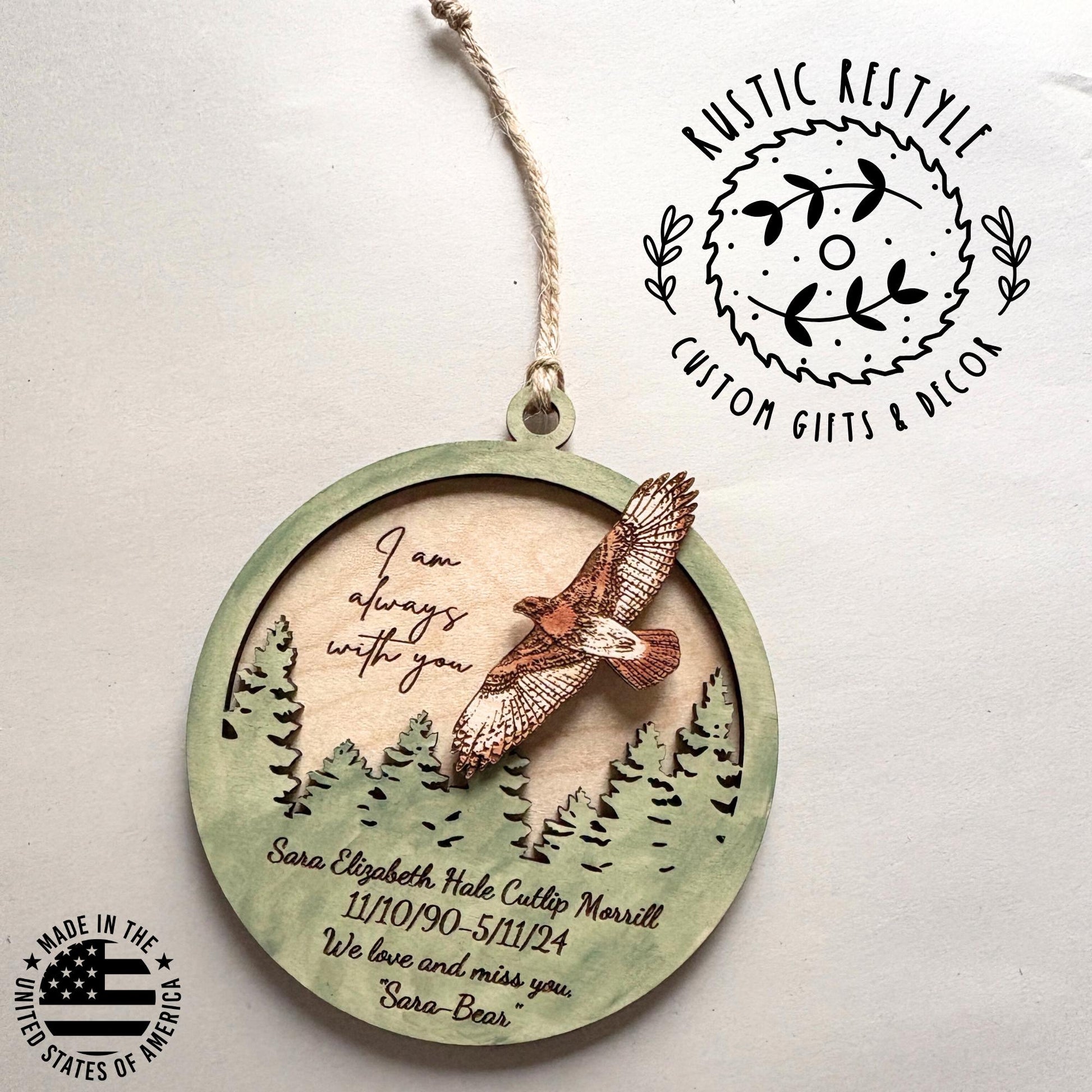 Memorial Hawk Remembrance ornament, 4inch hawk remeberance hanger can be personalized with engraved names