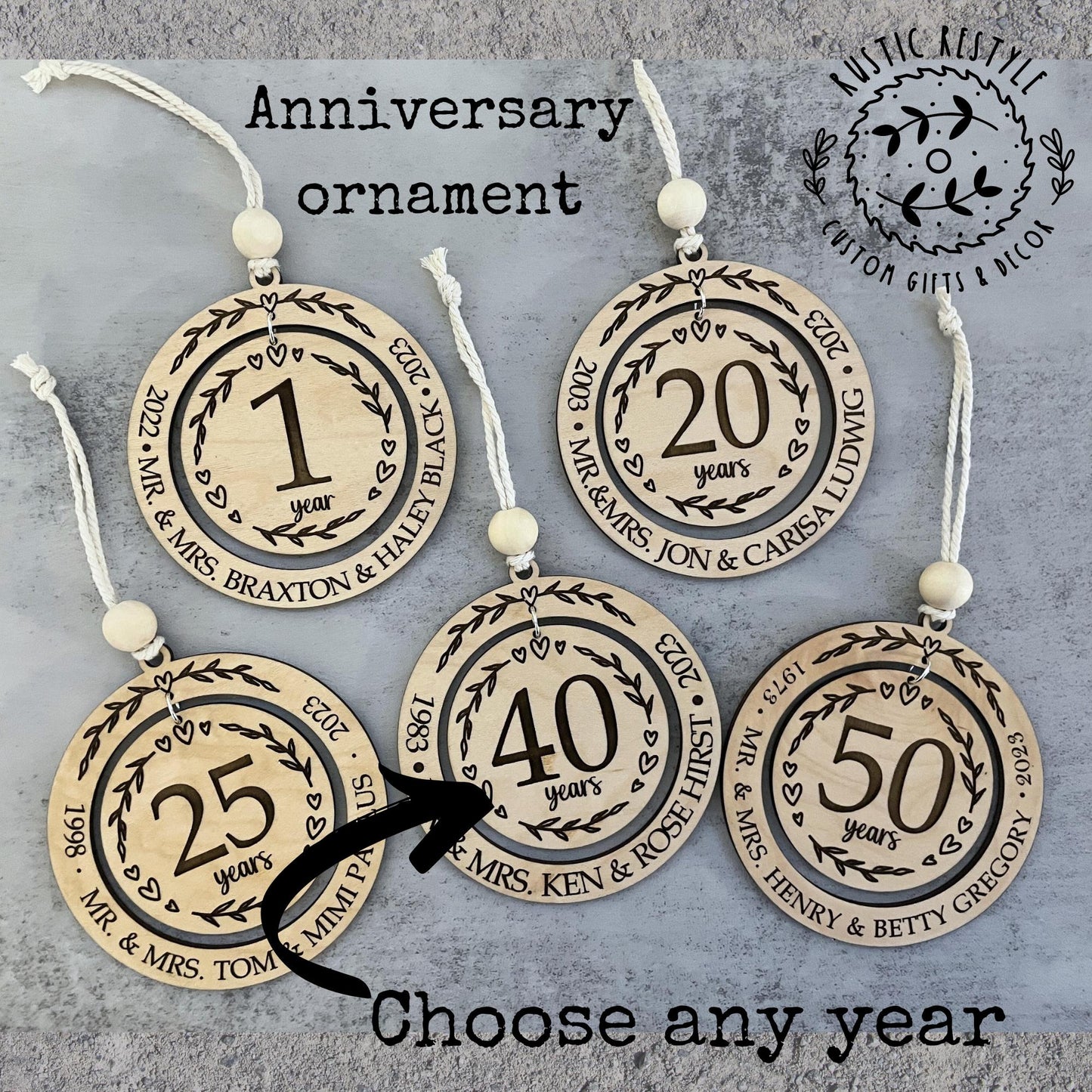 Personalized wedding anniversary ornament, wood Christmas ornament gift 50th, 40th, 30th, 20th, 10th, 5th anniversary, any anniversary