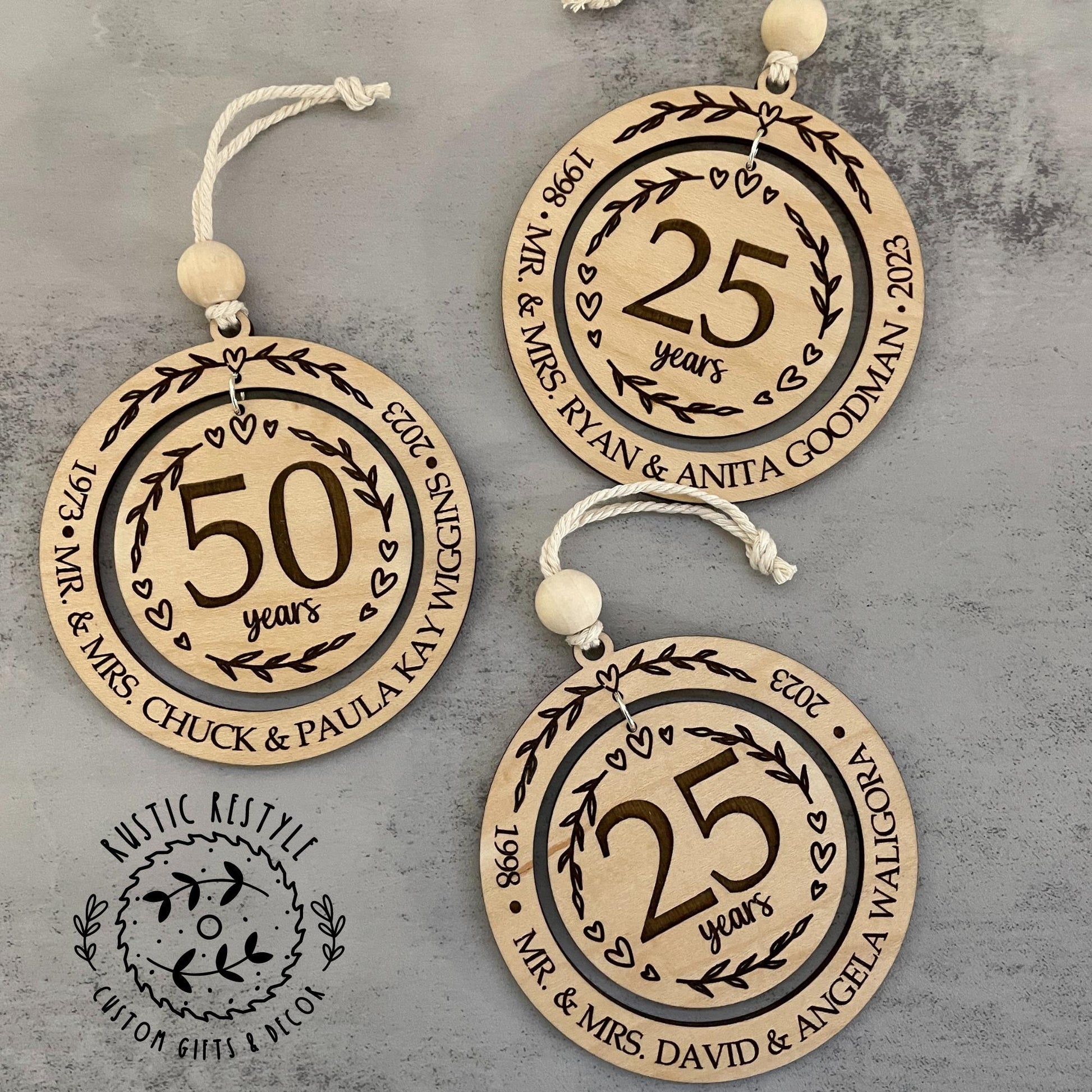 Personalized wedding anniversary ornament, wood Christmas ornament gift 50th, 40th, 30th, 20th, 10th, 5th anniversary, any anniversary