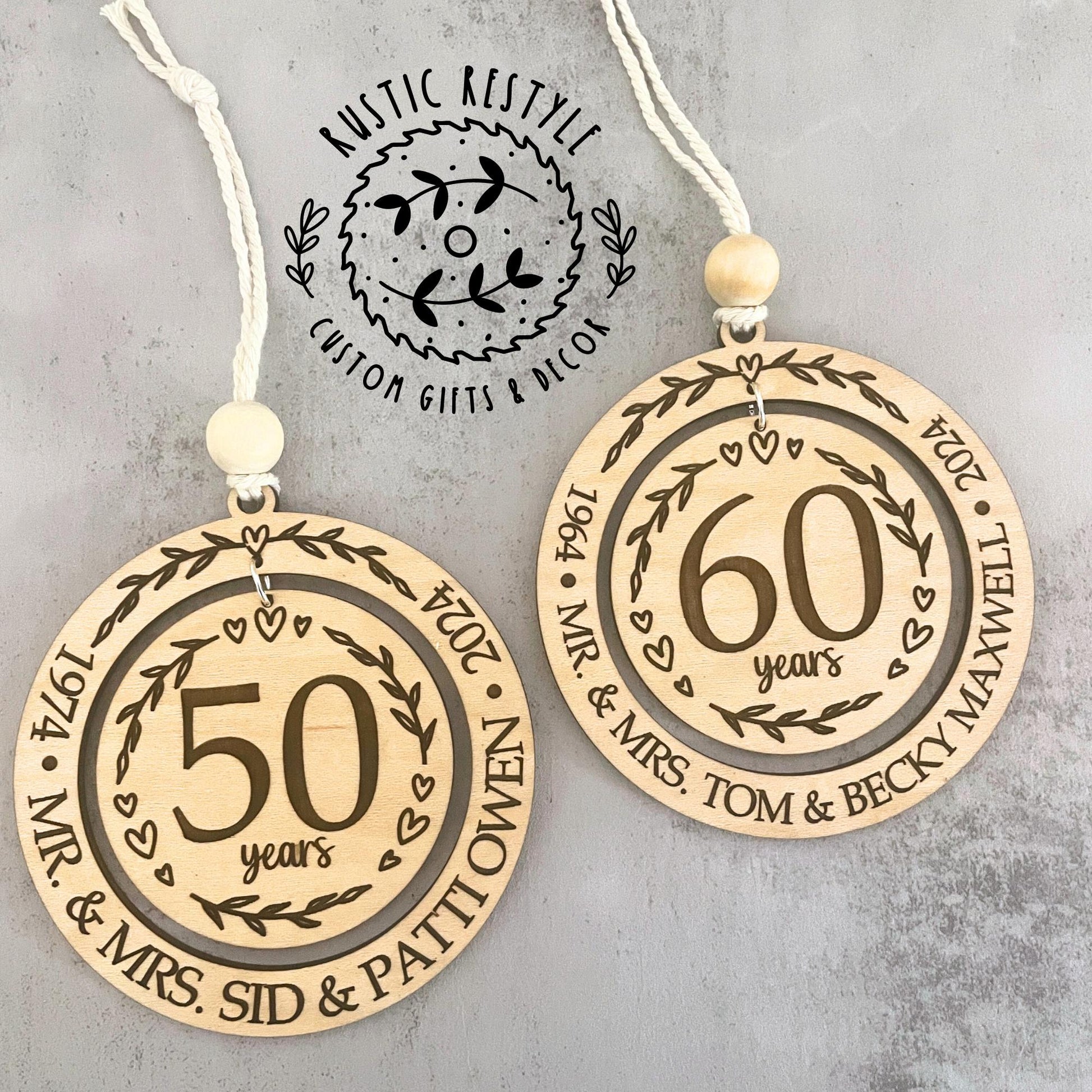 Personalized wedding anniversary ornament, wood Christmas ornament gift 50th, 40th, 30th, 20th, 10th, 5th anniversary, any anniversary