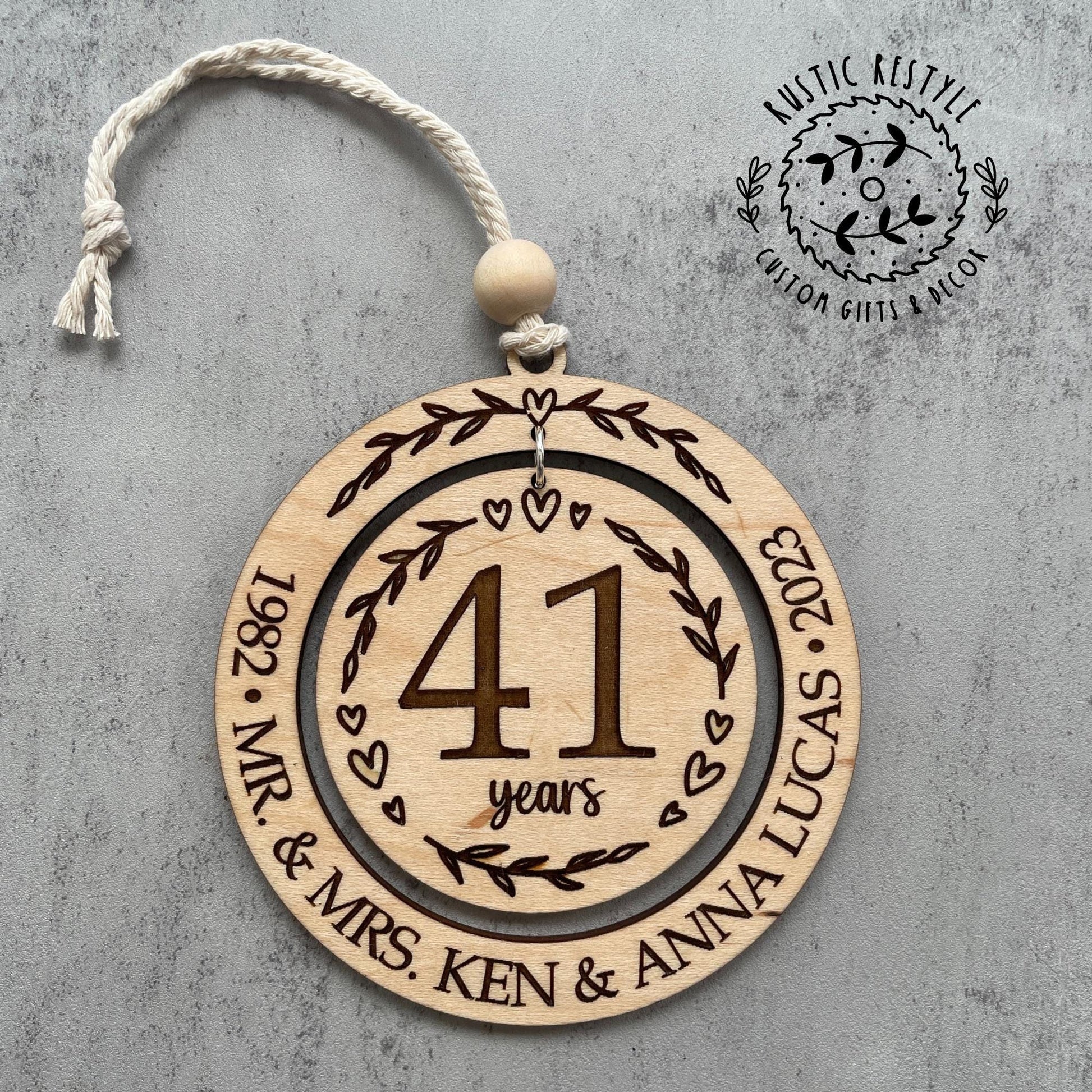 Wedding anniversary ornament, wood Christmas ornament gift 50th, 40th, 30th, 20th, 10th, 5th anniversary