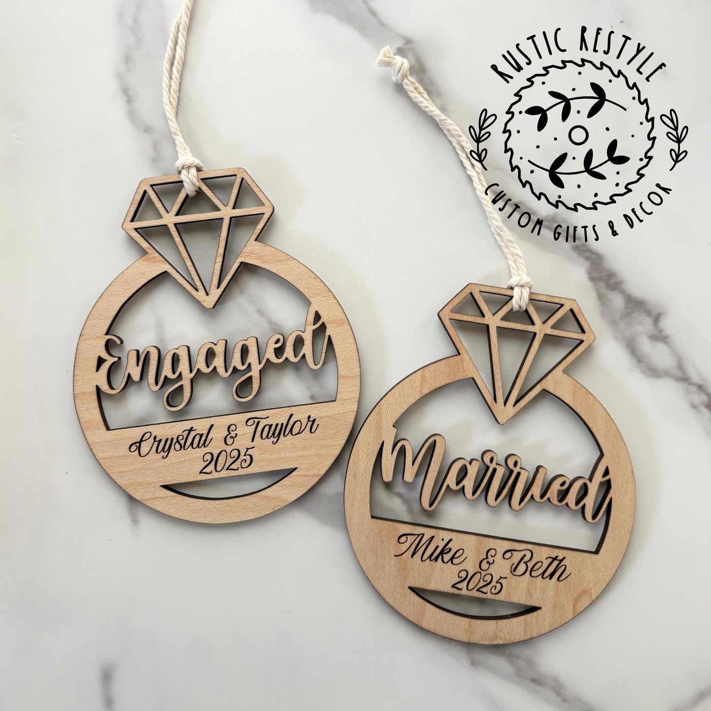 Engagement ring ornament, Personalized wood Christmas ornament gift