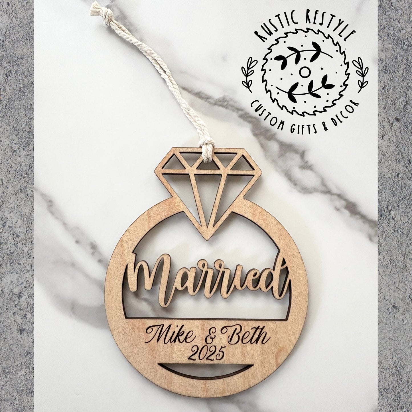 Engagement ring ornament, Personalized wood Christmas ornament gift