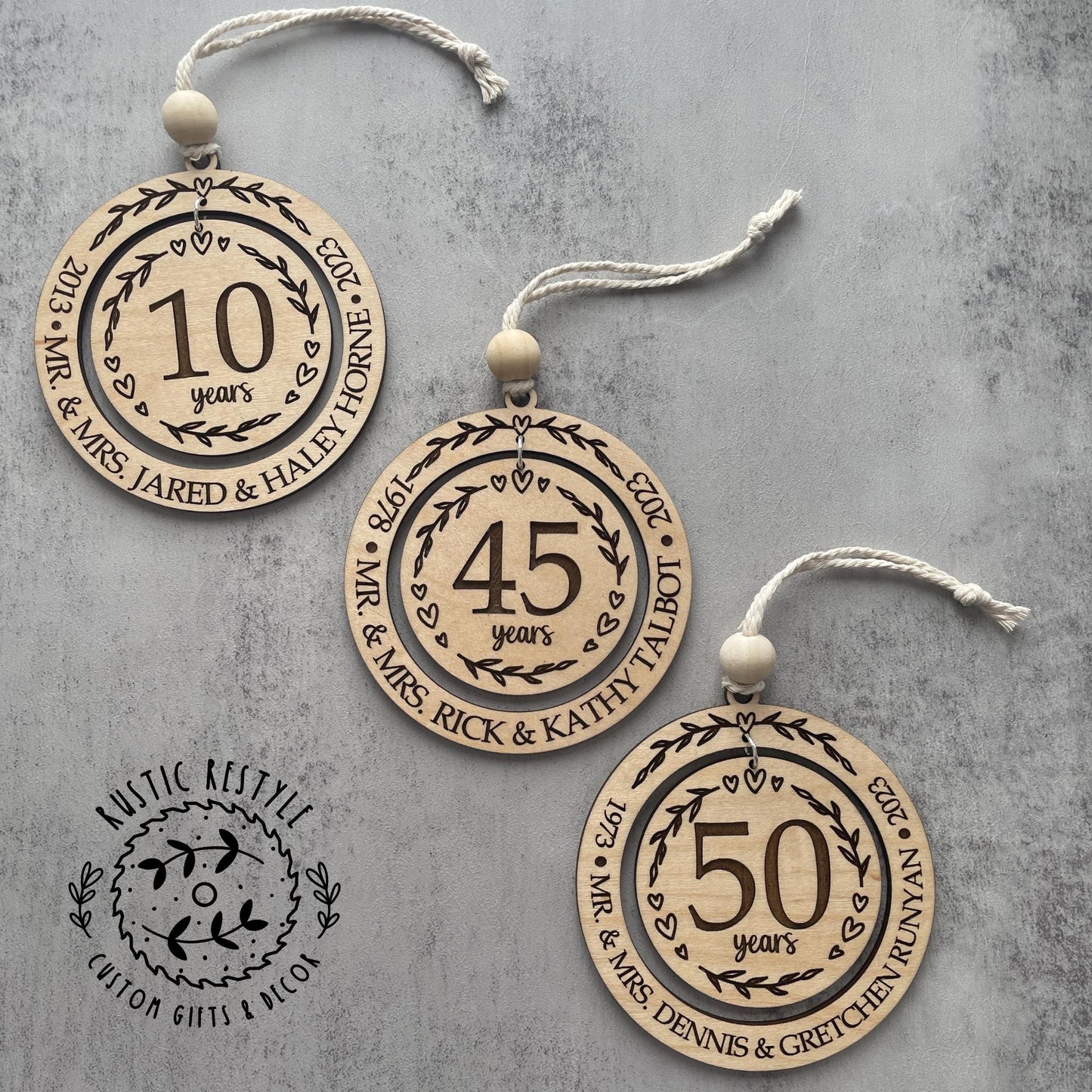 Personalized wedding anniversary ornament, wood Christmas ornament gift 50th, 40th, 30th, 20th, 10th, 5th anniversary, any anniversary
