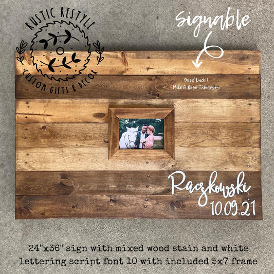 Custom Rustic Wedding Guest Book, Wood Sign with 5x7 Photo Frame