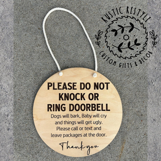 8" Round Door Hanger, Please do not knock or ring doorbell hanging sign