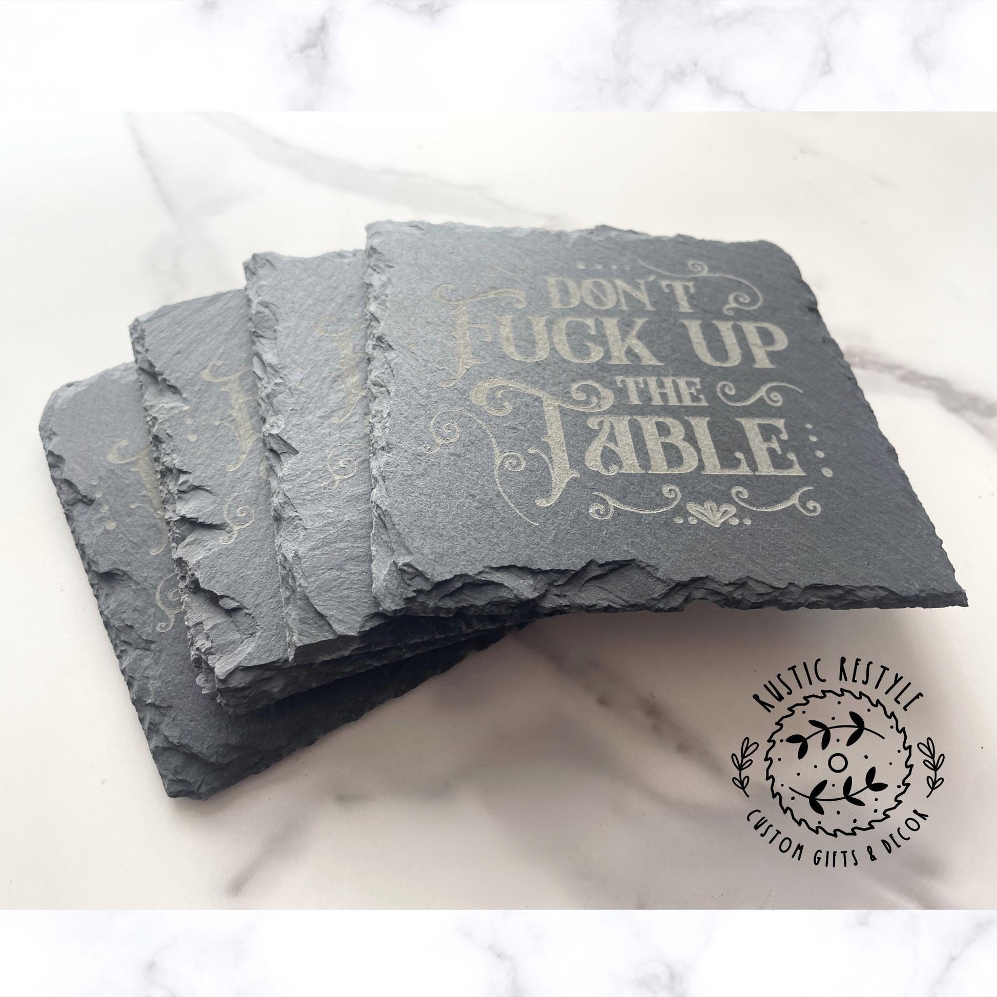 Funny Drink Coasters (4 Pack) – Slate Stone – “Don’t Fuck up the Table” Gift