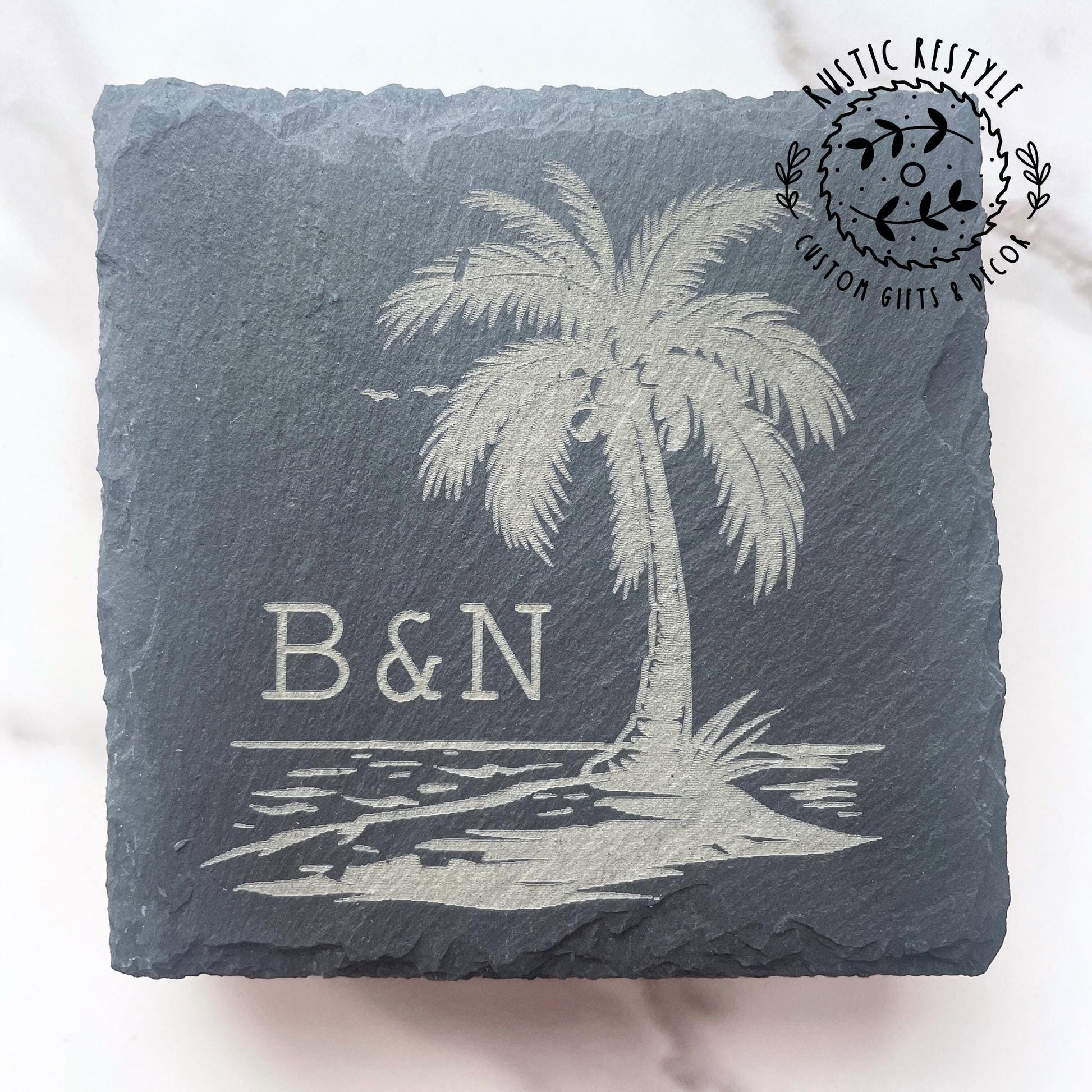 Custom palm tree with initials coaster design, set of 4 Slate Coasters