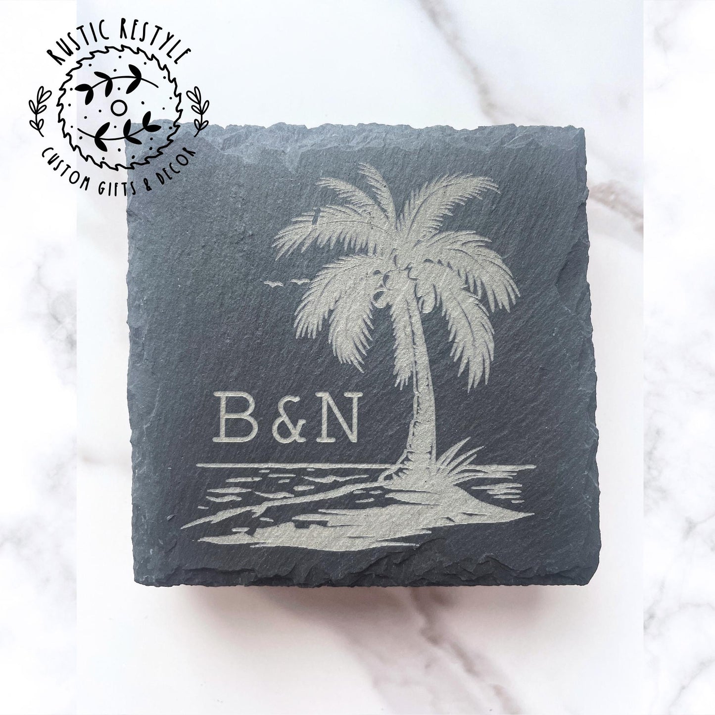 Custom palm tree with initials coaster design, set of 4 Slate Coasters