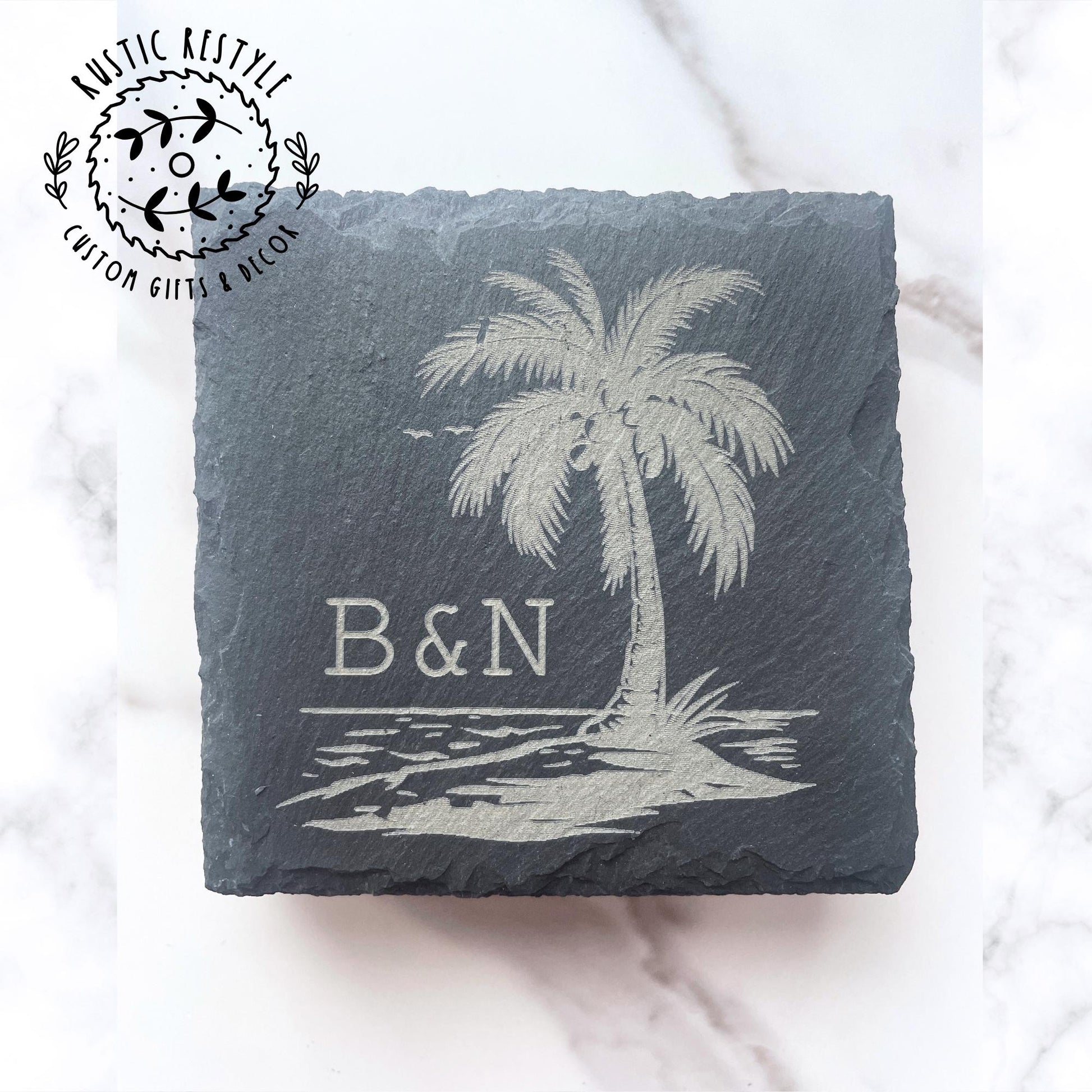 Custom palm tree with initials coaster design, set of 4 Slate Coasters