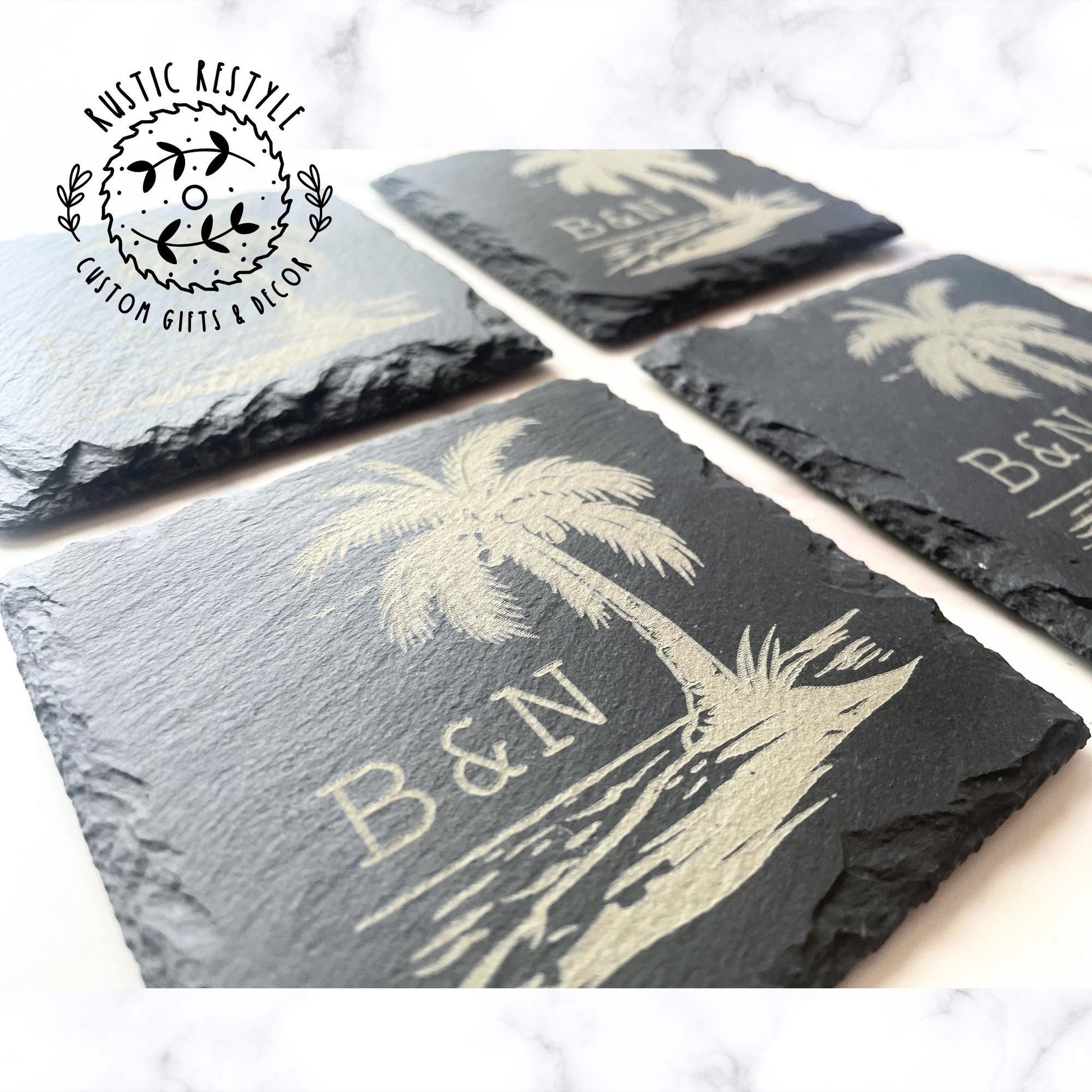 Custom palm tree with initials coaster design, set of 4 Slate Coasters