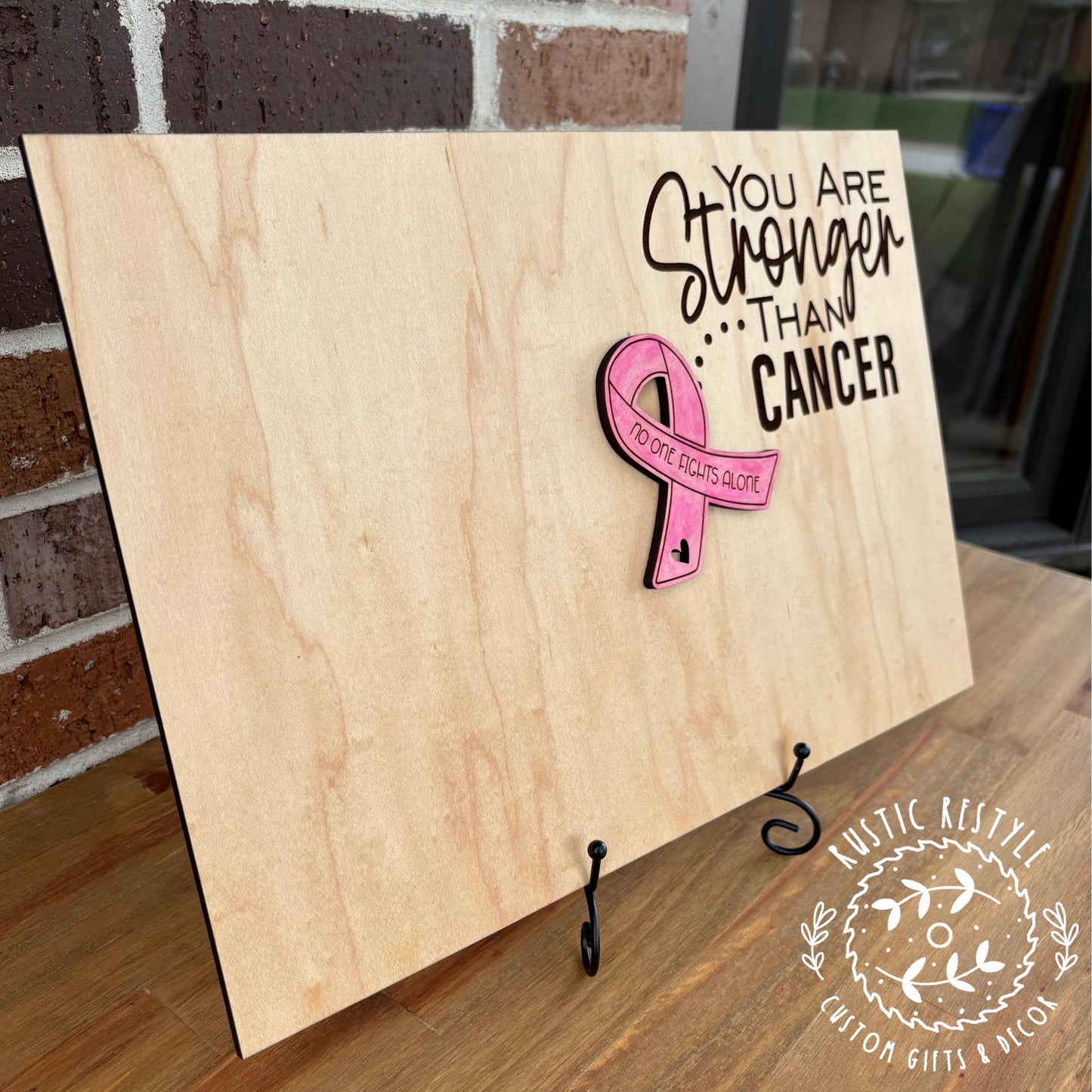 Breast cancer signable plaque, Stronger than Cancer, No one fights alone pink ribbon