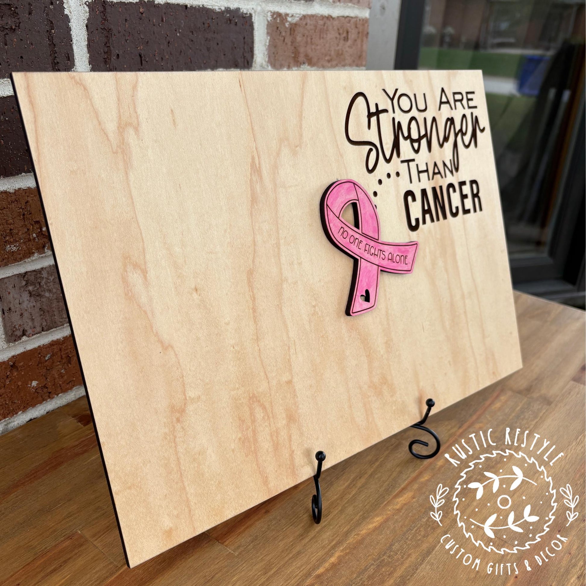 Breast cancer signable plaque, Stronger than Cancer, No one fights alone pink ribbon