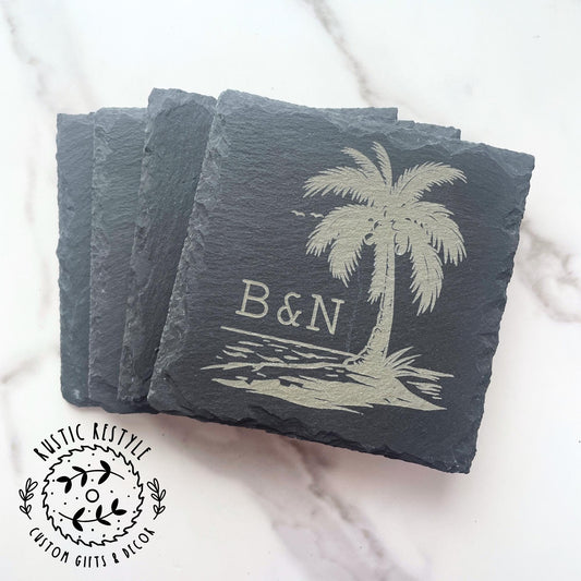 Custom palm tree with initials coaster design, set of 4 Slate Coasters