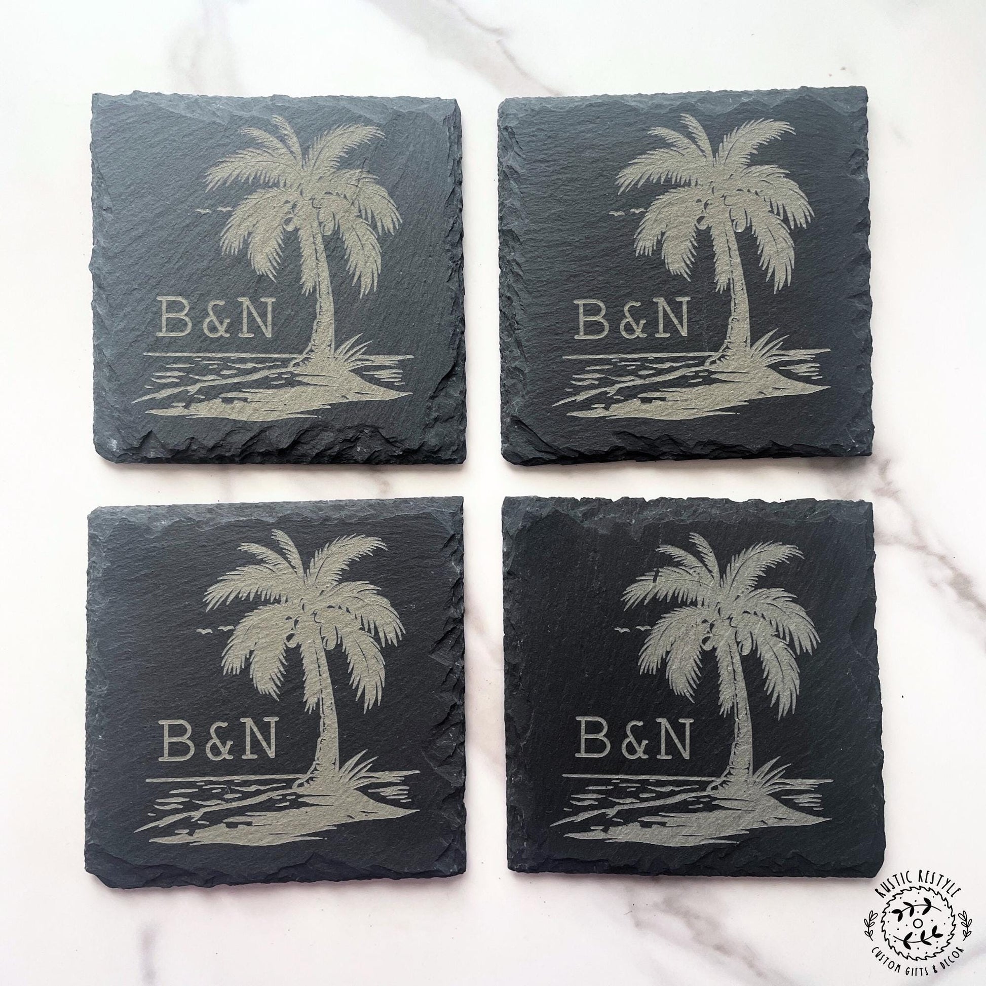 Custom palm tree with initials coaster design, set of 4 Slate Coasters