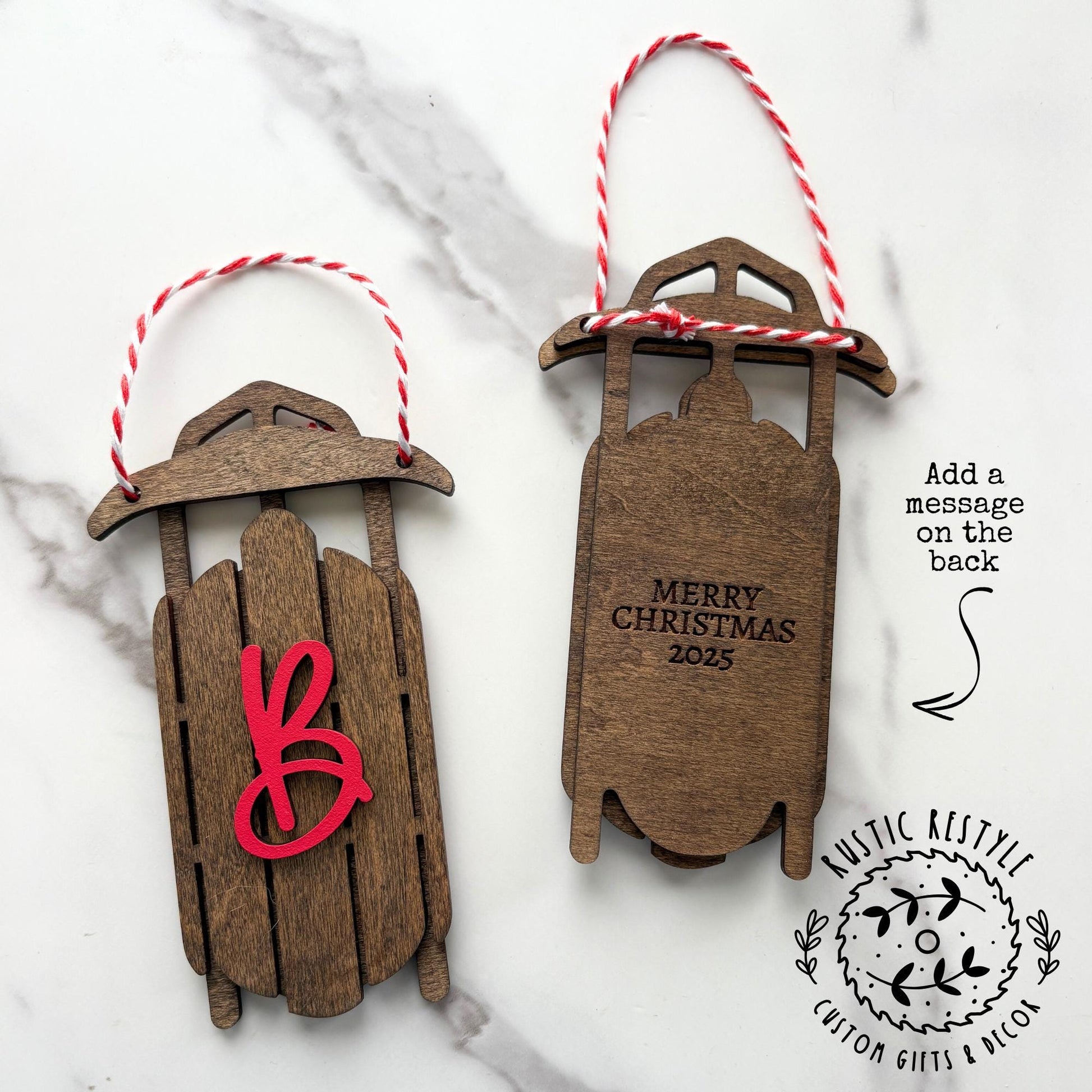 wood sled ornament with Initial Letter, Monogram old sled ornaments, toboggan