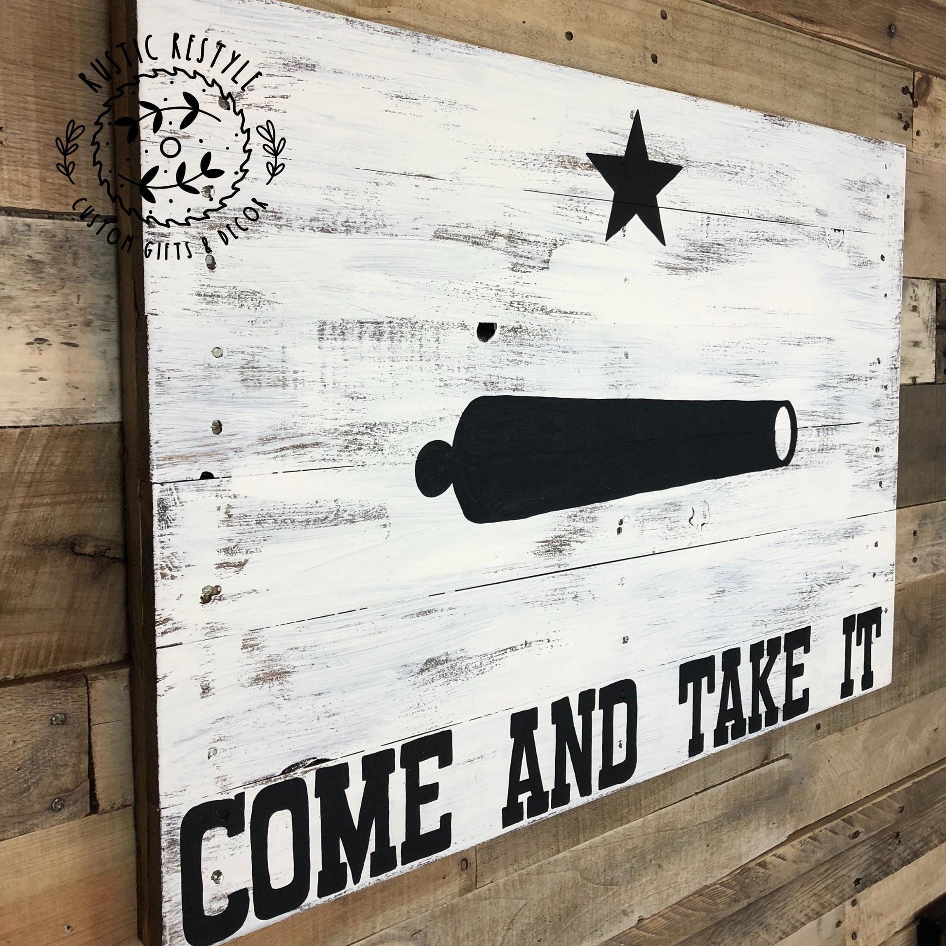 Come And Take It, Battle of Gonzales, Texas Revolutionary Flag, wood pallet sign, Texas pride flag, pallet flag, rustic home decor sign