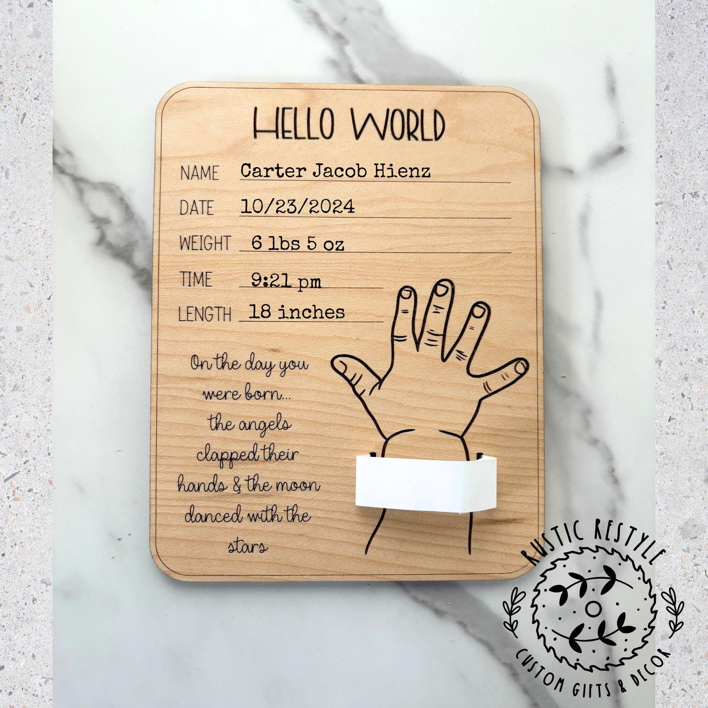 Welcome Home Baby Keepsake Sign, Personalized with Hospital Band Holder, infant birth record