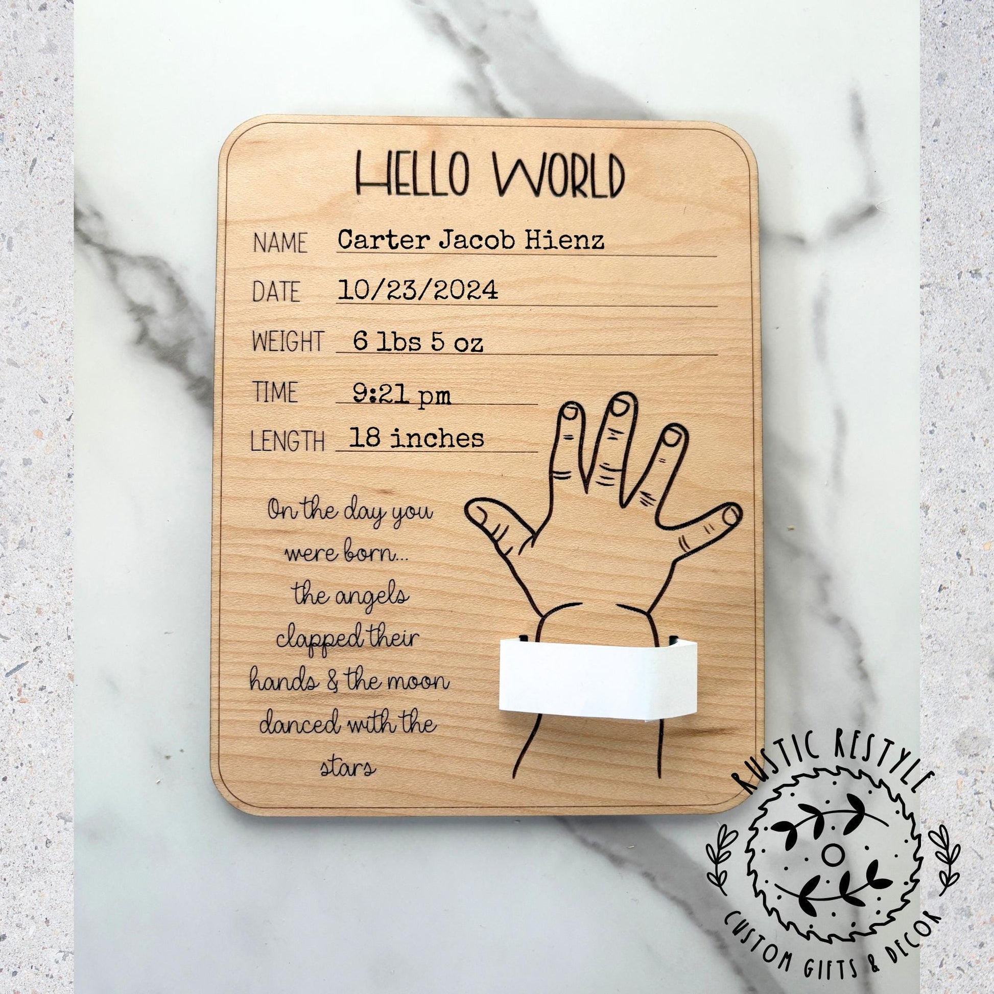Welcome Home Baby Keepsake Sign, Personalized with Hospital Band Holder, infant birth record
