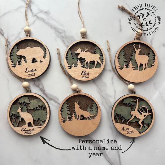 Moose, Bear, Deer, Wolf, Monkey, and Kangaroo Animal Ornaments