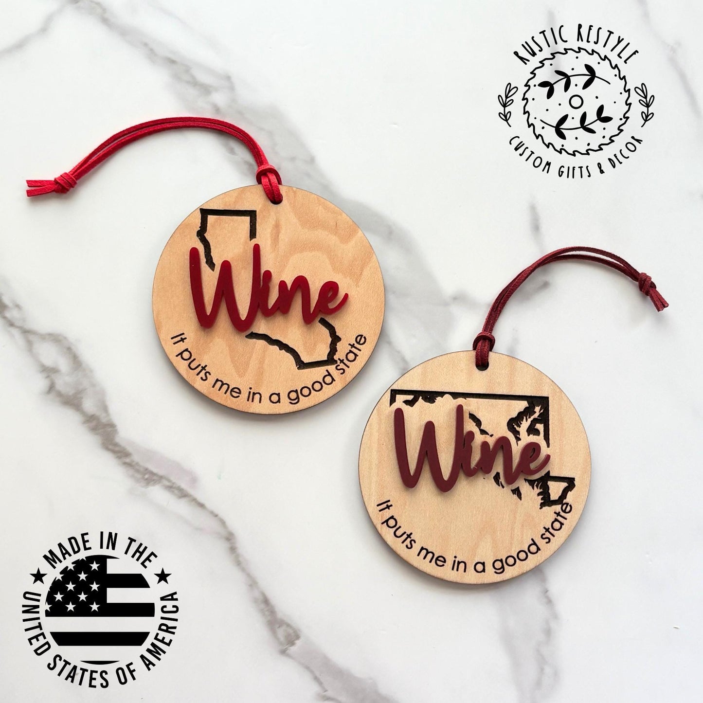 Personalized State Wine Ornament – “It Puts Me in a Good State” – Funny Wooden Gift – All U.S. States Available