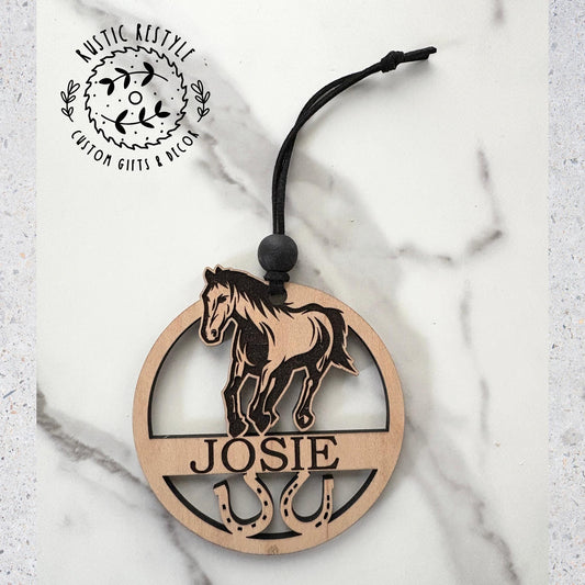 Personalized Horse Ornament – Custom Name & Horseshoe Design – Wooden Equestrian Gift