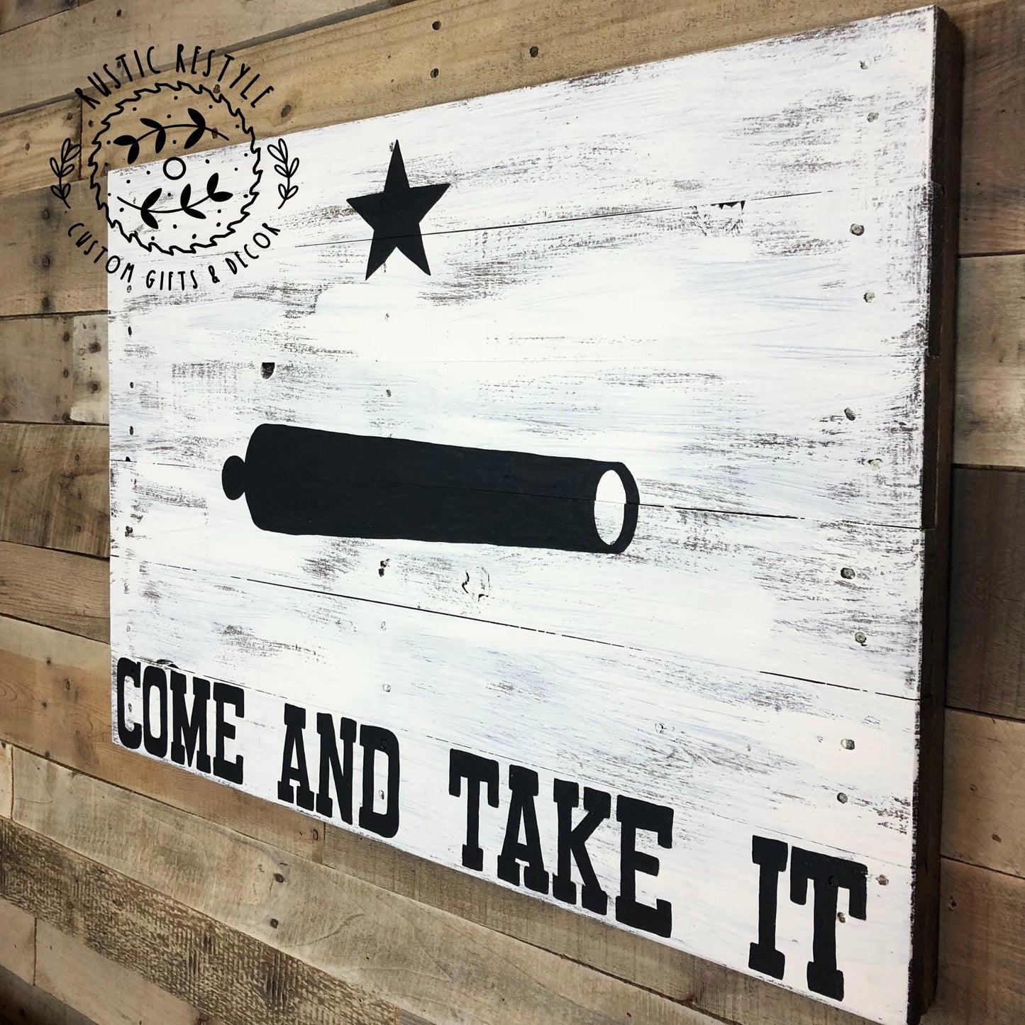 Come And Take It, Battle of Gonzales, Texas Revolutionary Flag, wood pallet sign, Texas pride flag, pallet flag, rustic home decor sign
