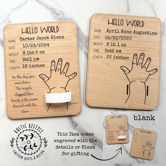 Welcome Home Baby Keepsake Sign, Personalized with Hospital Band Holder, infant birth record