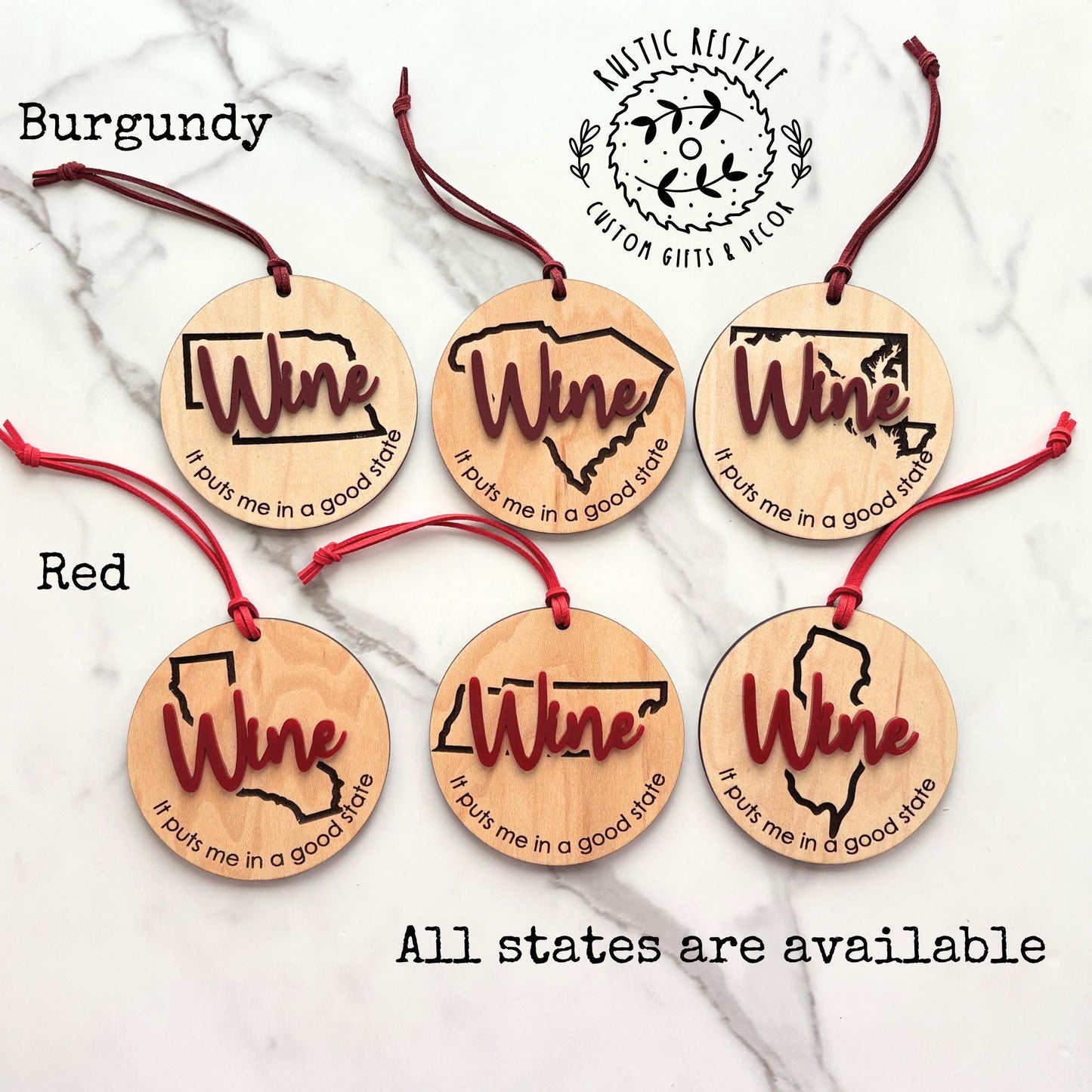 Personalized State Wine Ornament – “It Puts Me in a Good State” – Funny Wooden Gift – All U.S. States Available
