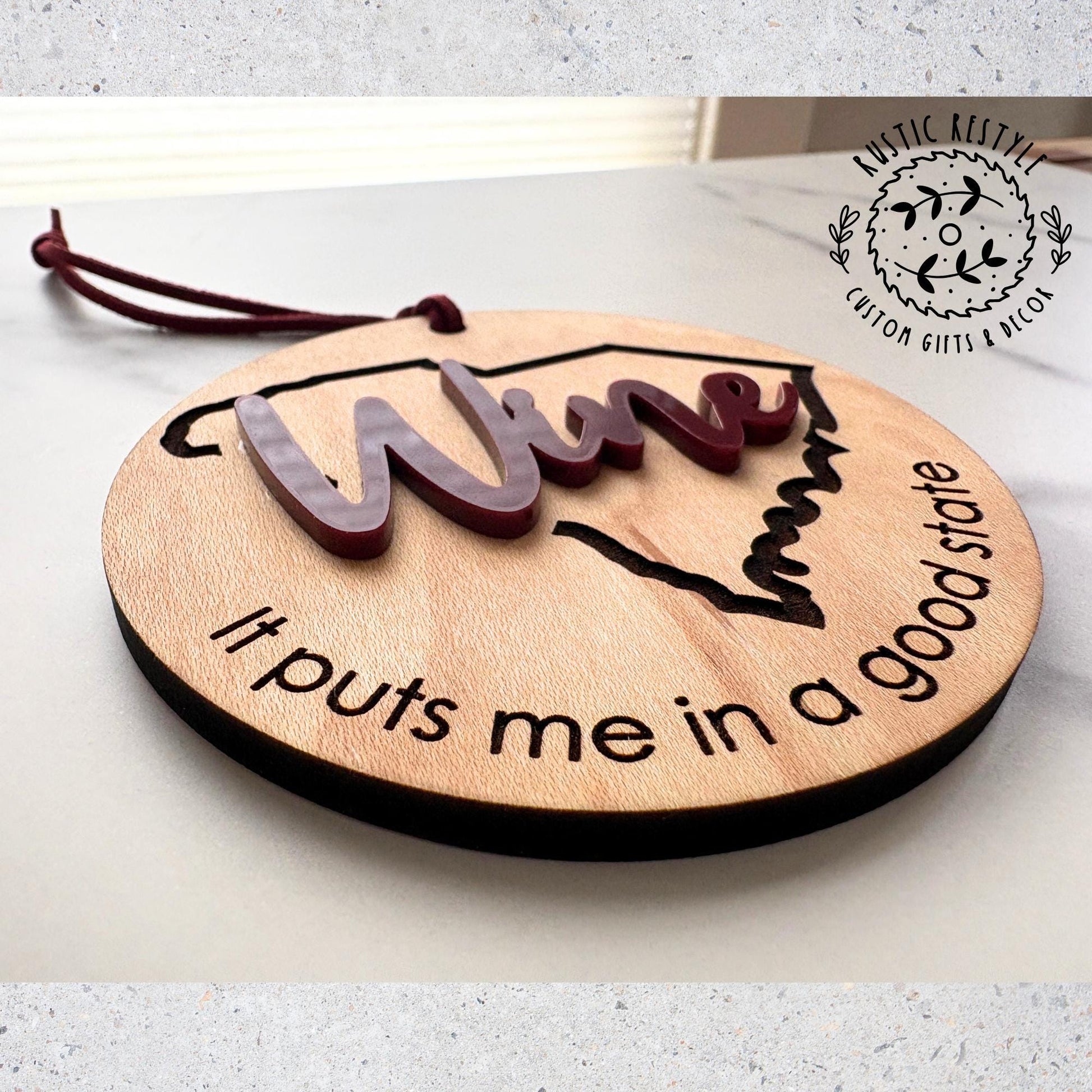 Personalized State Wine Ornament – “It Puts Me in a Good State” – Funny Wooden Gift – All U.S. States Available