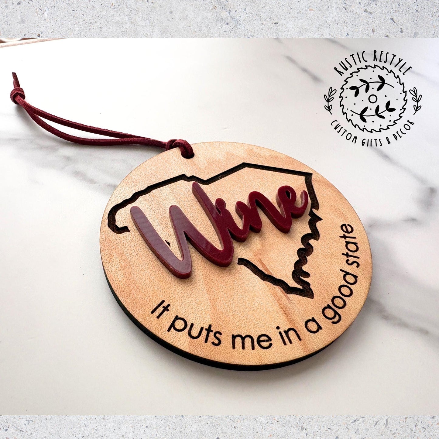 Personalized State Wine Ornament – “It Puts Me in a Good State” – Funny Wooden Gift – All U.S. States Available