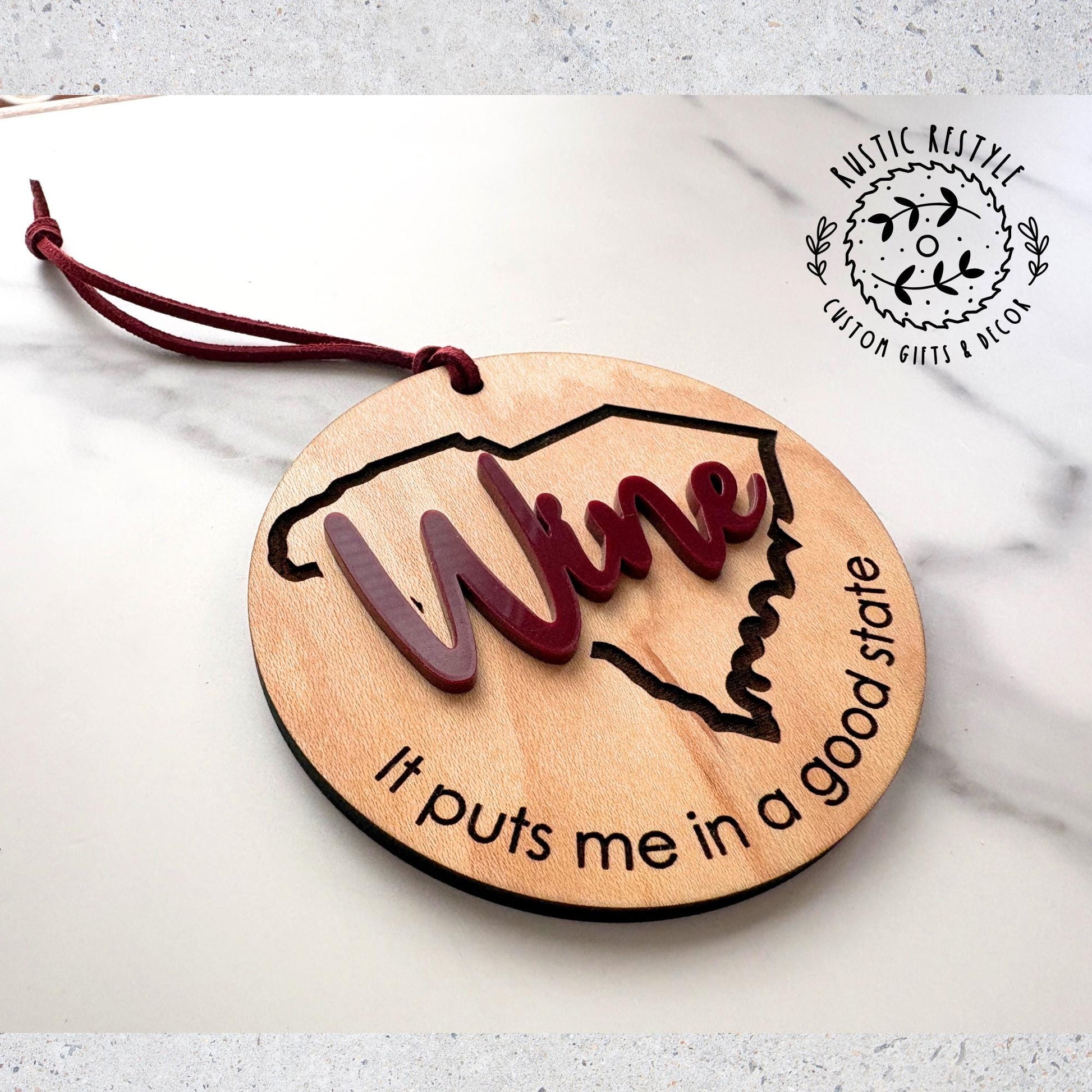 Personalized State Wine Ornament – “It Puts Me in a Good State” – Funny Wooden Gift – All U.S. States Available
