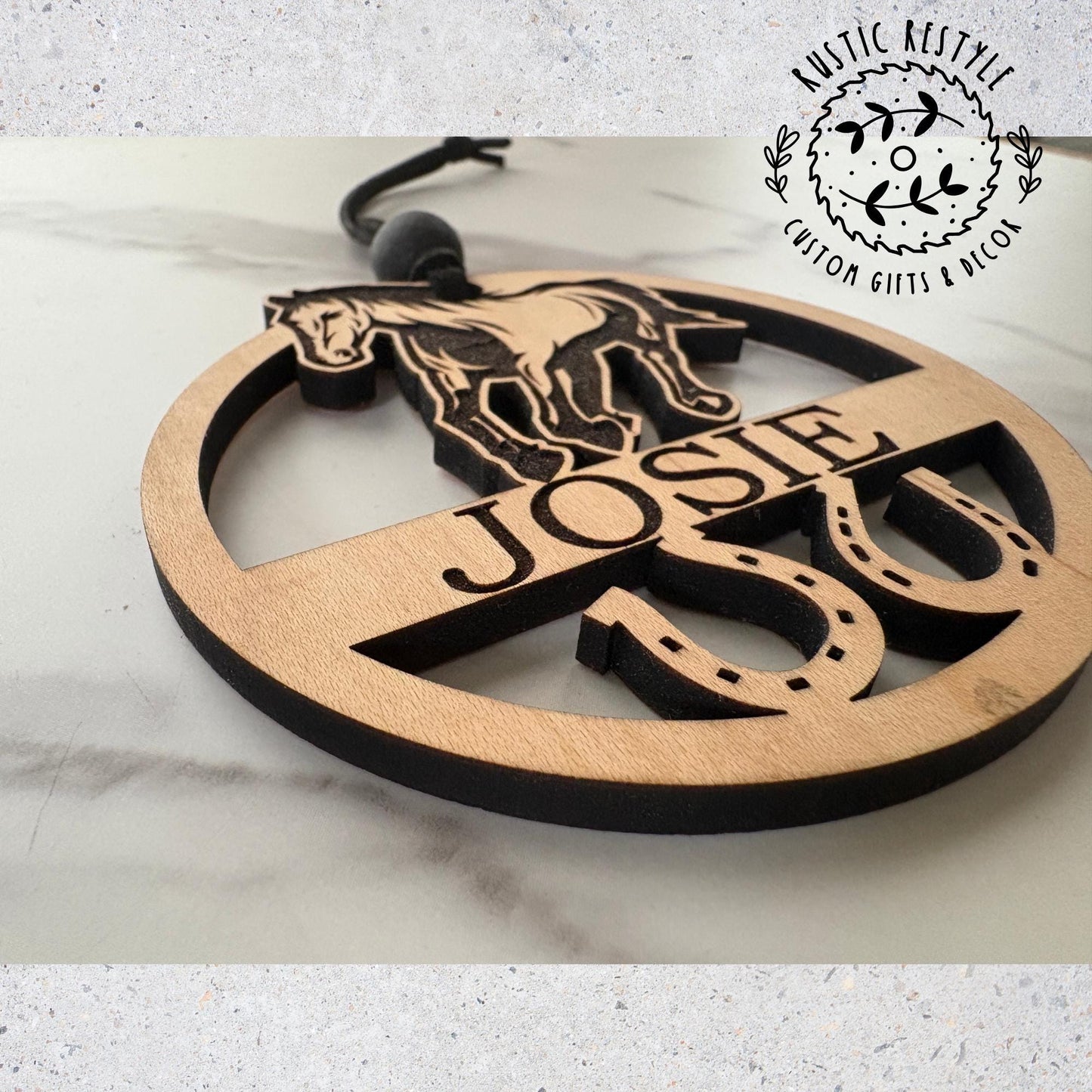 Personalized Horse Ornament – Custom Name & Horseshoe Design – Wooden Equestrian Gift