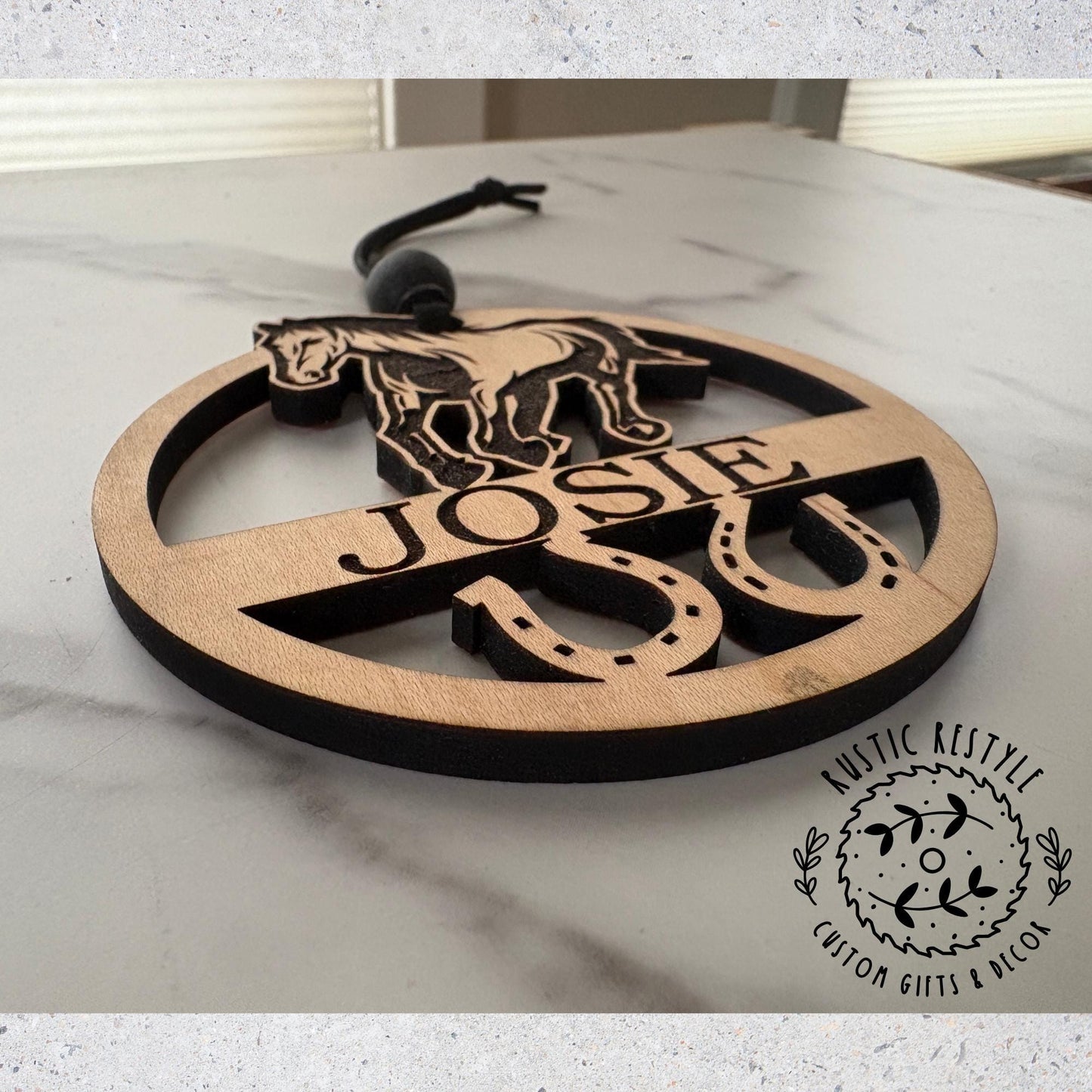 Personalized Horse Ornament – Custom Name & Horseshoe Design – Wooden Equestrian Gift