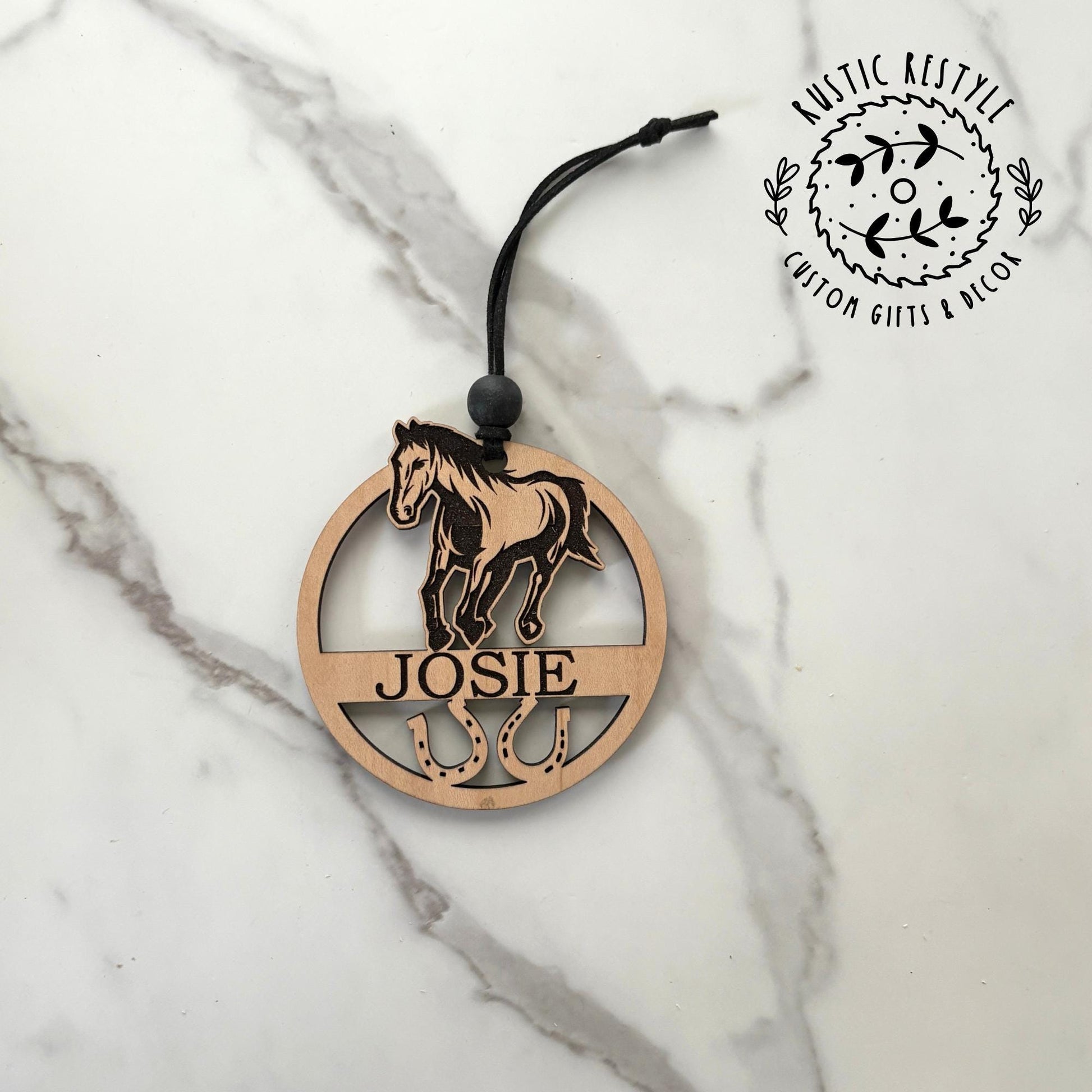 Personalized Horse Ornament – Custom Name & Horseshoe Design – Wooden Equestrian Gift