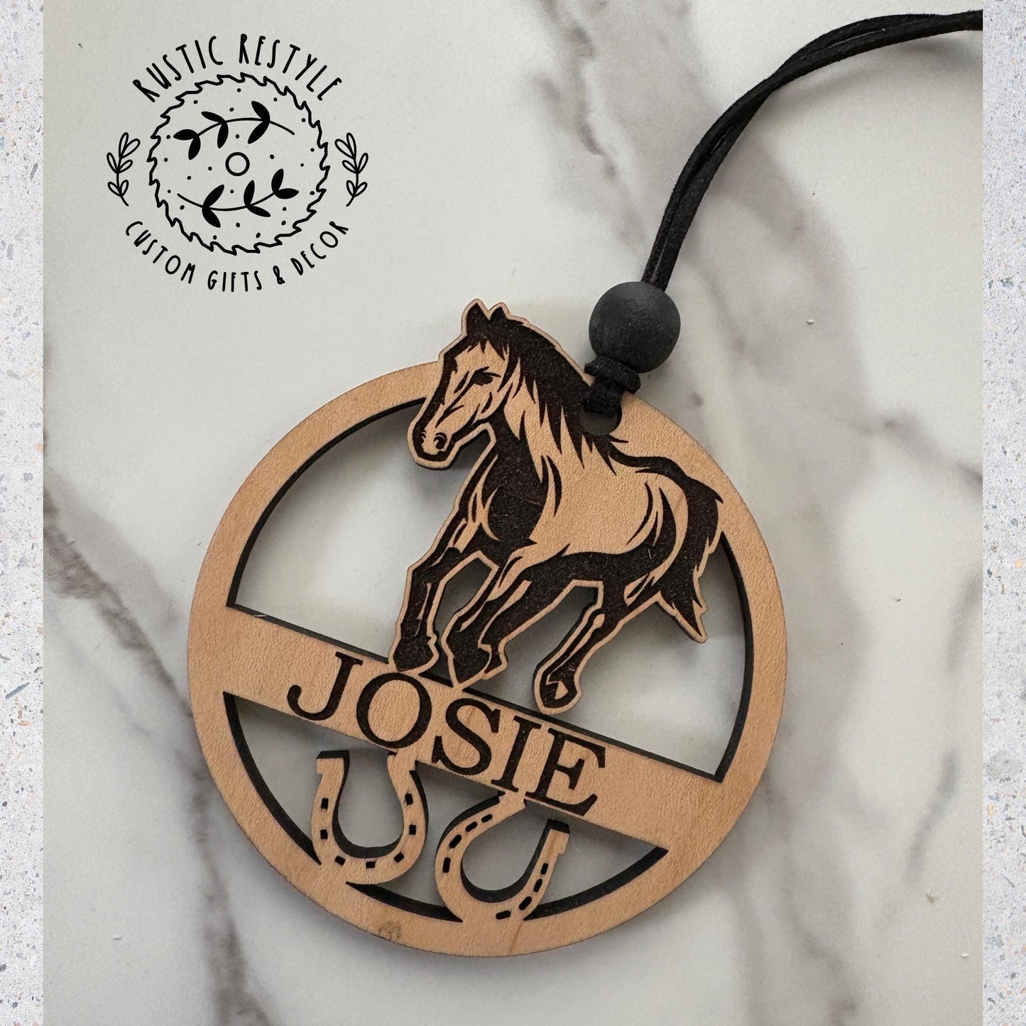 Personalized Horse Ornament – Custom Name & Horseshoe Design – Wooden Equestrian Gift