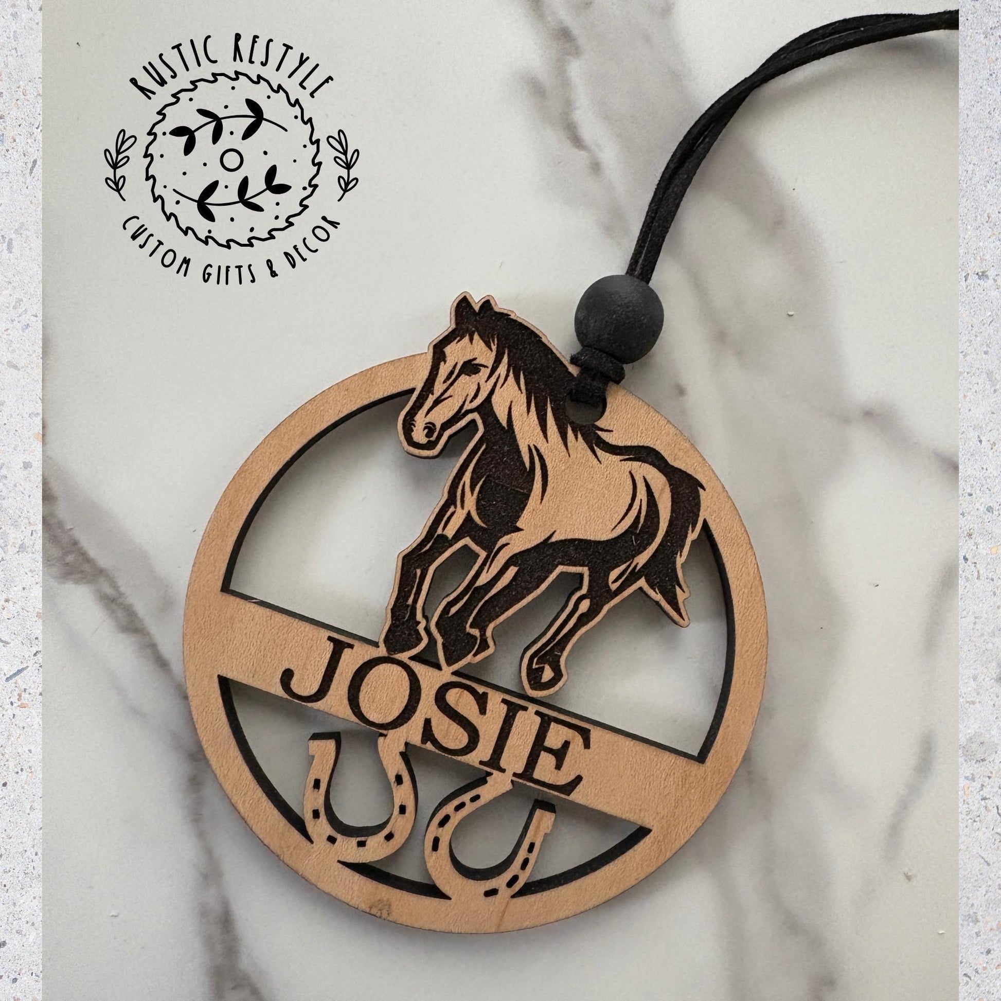 Personalized Horse Ornament – Custom Name & Horseshoe Design – Wooden Equestrian Gift